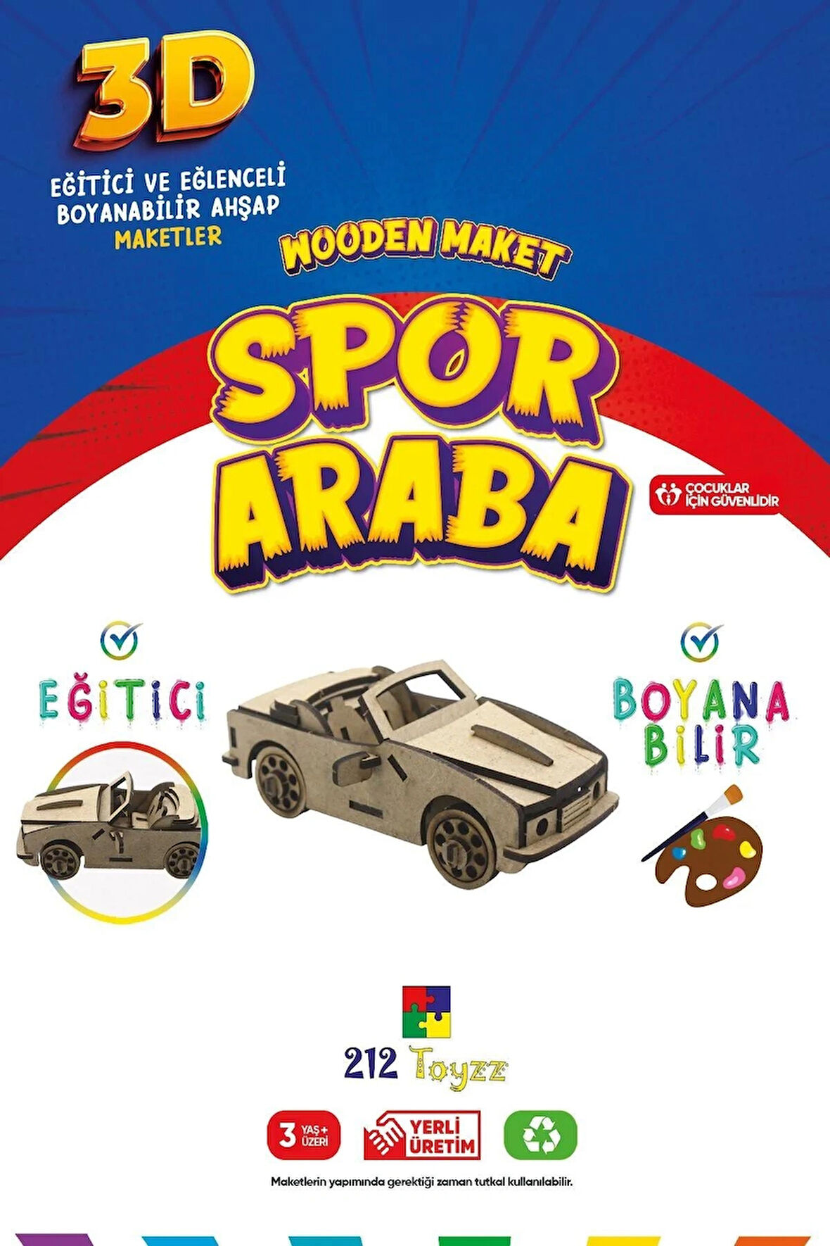 212toyzz 3D Boyanabilir Ahşap Spor Araba Maketi - Çocuklar İçin Eğitici Oyuncak