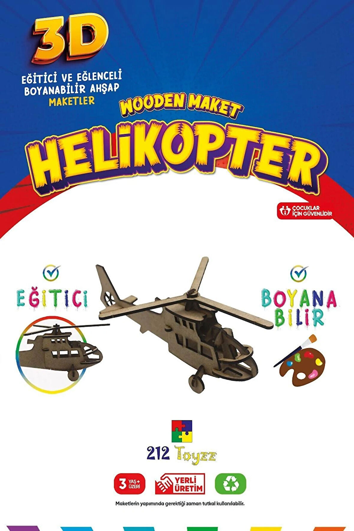 212toyzz 3D Boyanabilir Ahşap Helikopter Maketi - Çocuklar İçin Eğitici Oyuncak