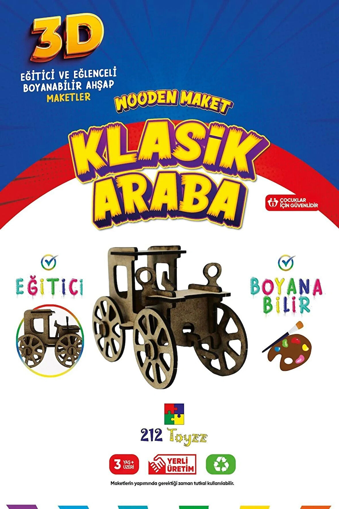 212toyzz 3D Boyanabilir Ahşap Klasik Araba Maketi - Çocuklar İçin Eğitici Oyuncak