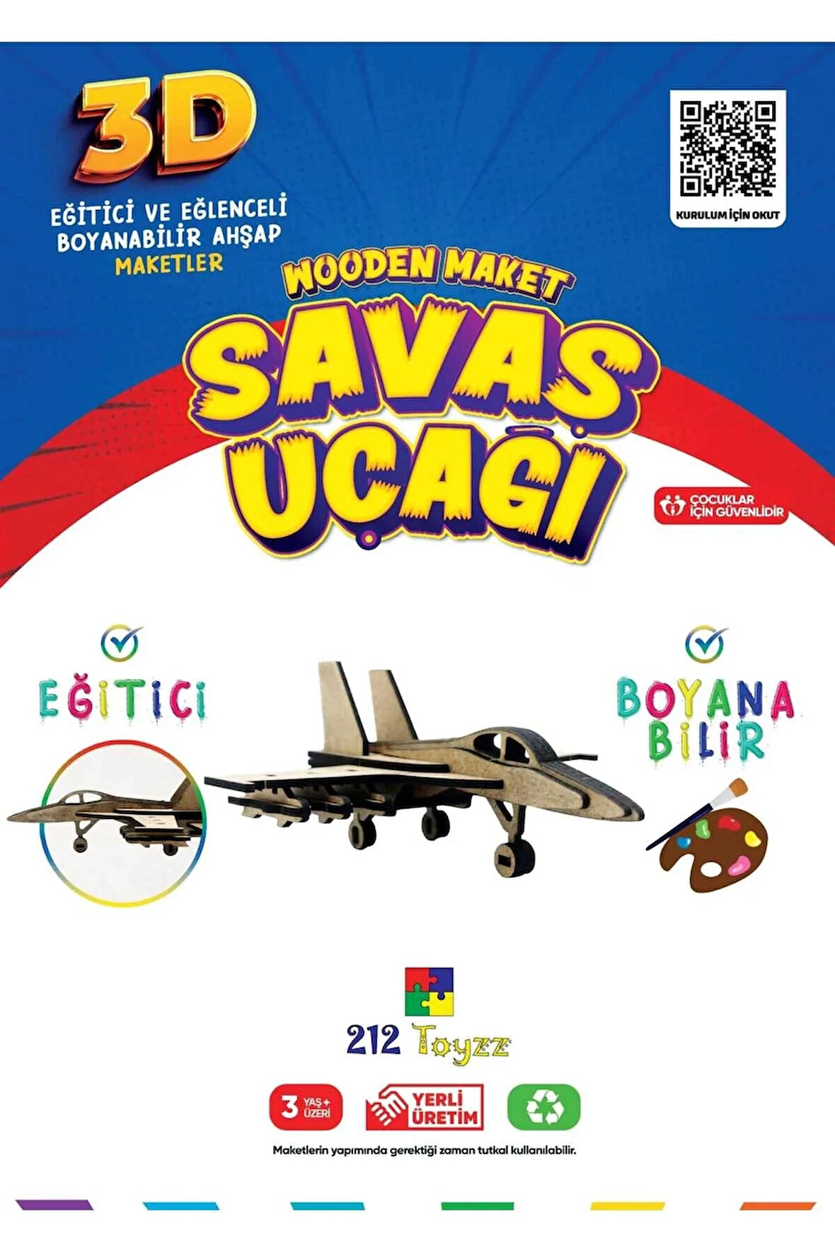 212toyzz 3D Boyanabilir Ahşap savaş Uçak Maketi F-16- Çocuklar İçin Eğitici Oyuncak