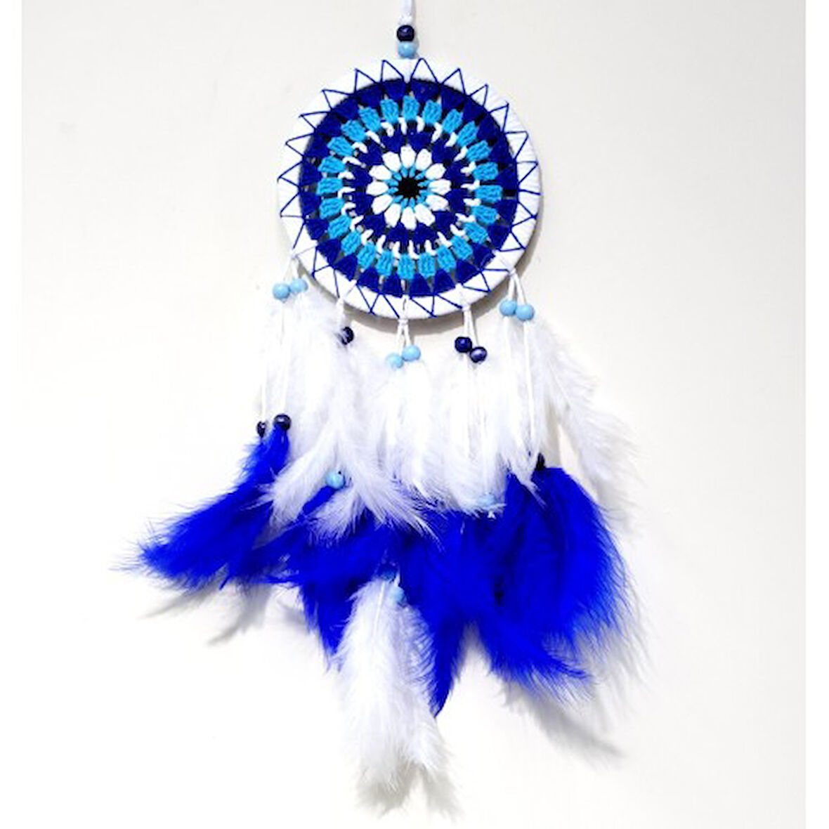 Nazar Boncuğu Desenli Bol Kuş Tüylü Beyaz Renk Dream Catcher El Yapımı Duvar Dekoru TdrTR