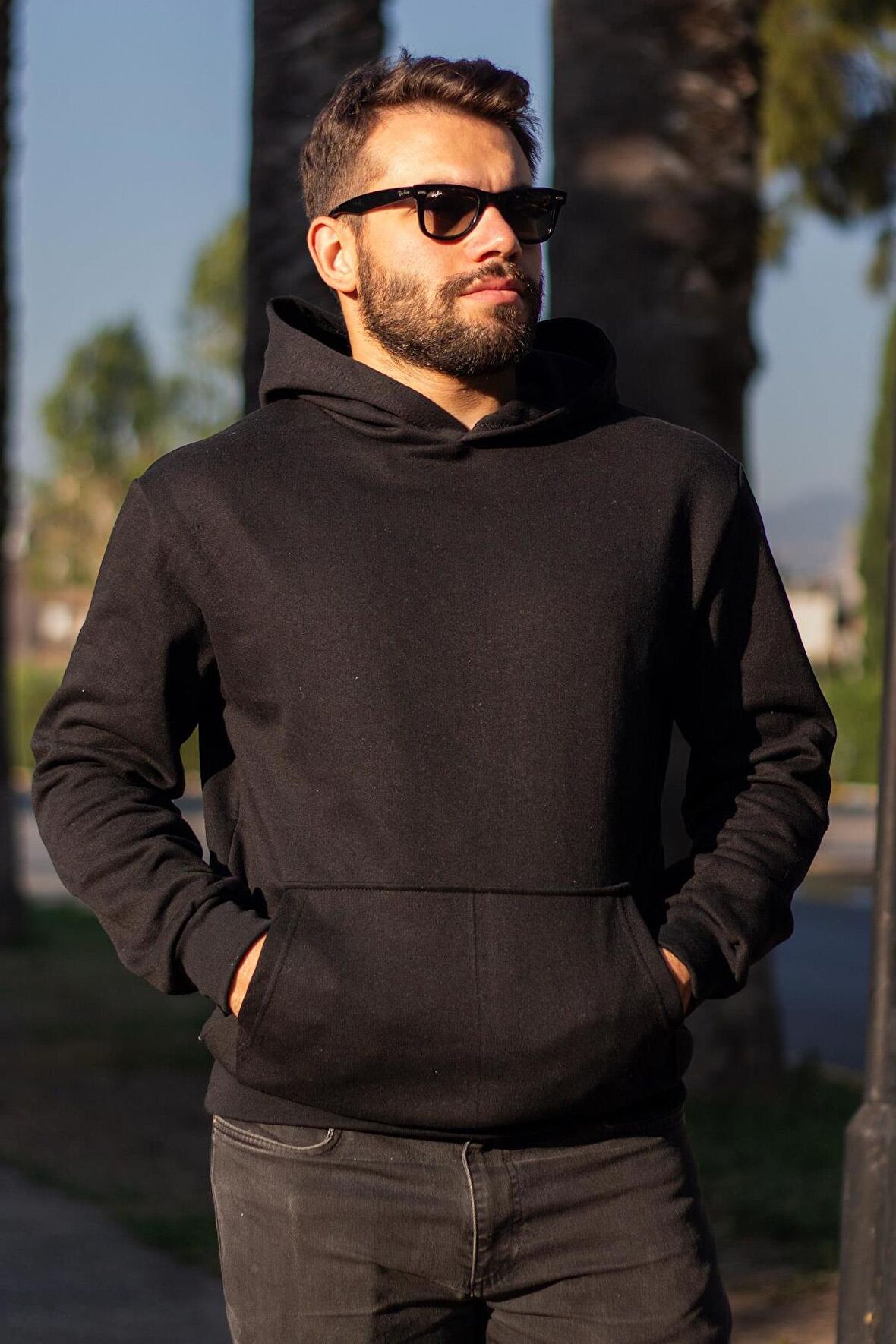 Siyah Baskısız Basic Oversize Kapüşonlu Kanguru Cep Uzun Kollu Kalın Erkek Sweatshirt 23ESWTCKAG