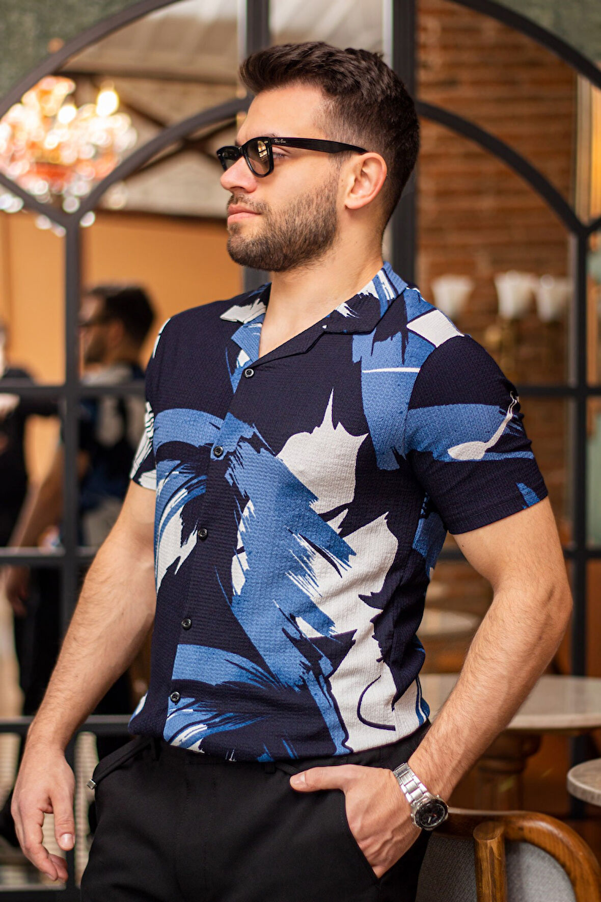 Erkek Mavi Beyaz Batik Desen Esnek Krep Bürümcük Kumaş İnce Gömlek 25EGMLGIMM