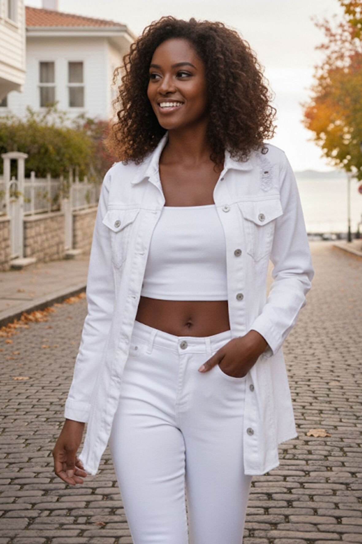 Kadın Beyaz Boyfriend Denim Oversize Taşlamalı Kot Ceket Uzun Kol Ceket 25KCKTD679