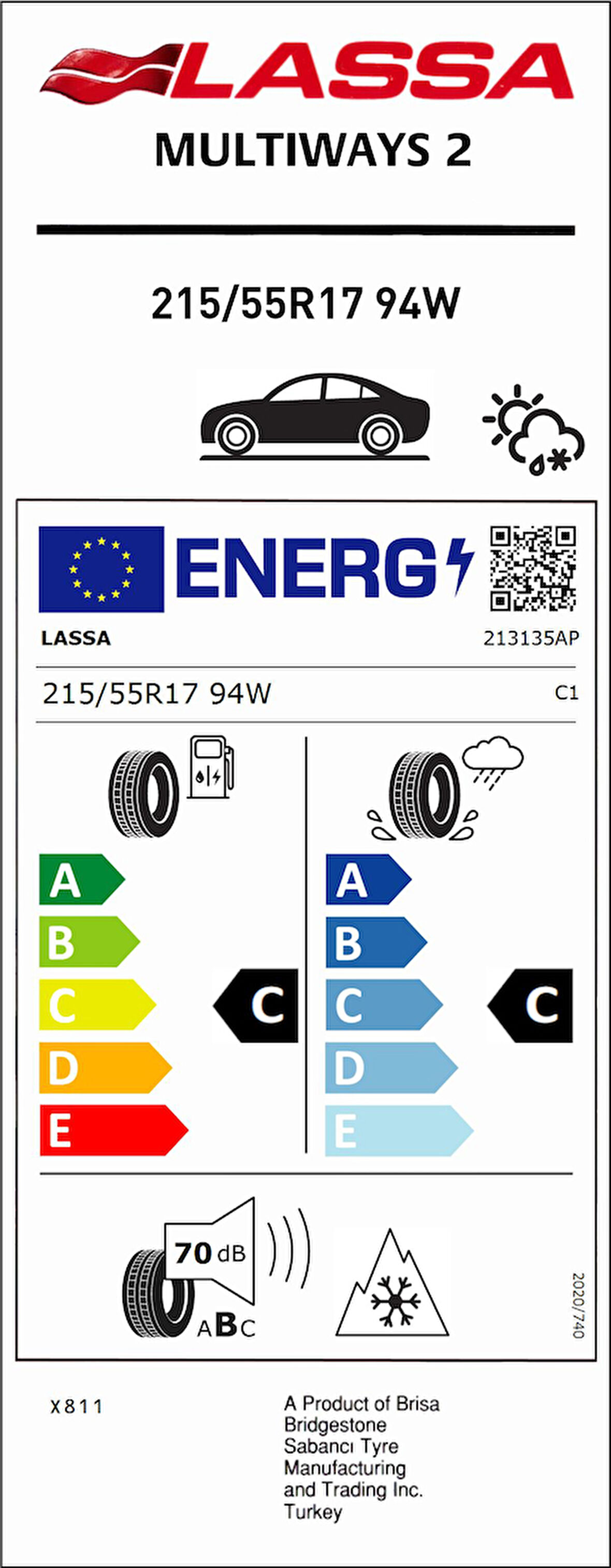 Lassa 215/55R17 94W Multıways 2 C-C-70 4 Mevsim Oto Lastiği (Üretim Yılı: 2025)