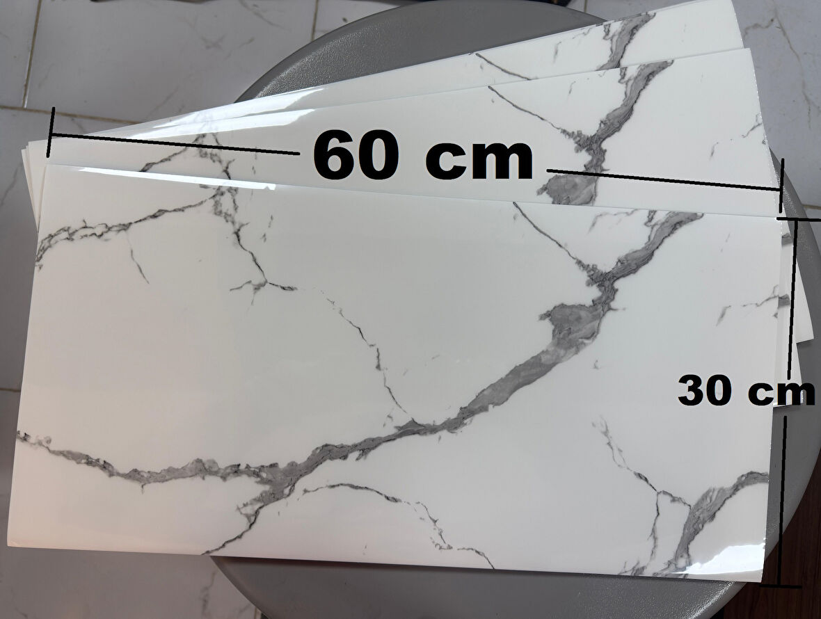 (6 Adet) Kendinden Yapışkanlı Dekoratif Esnek Köpük Beyaz Pvc Mermer Panel 60x30 (0,18 m²)cm Mutfak Banyo WC