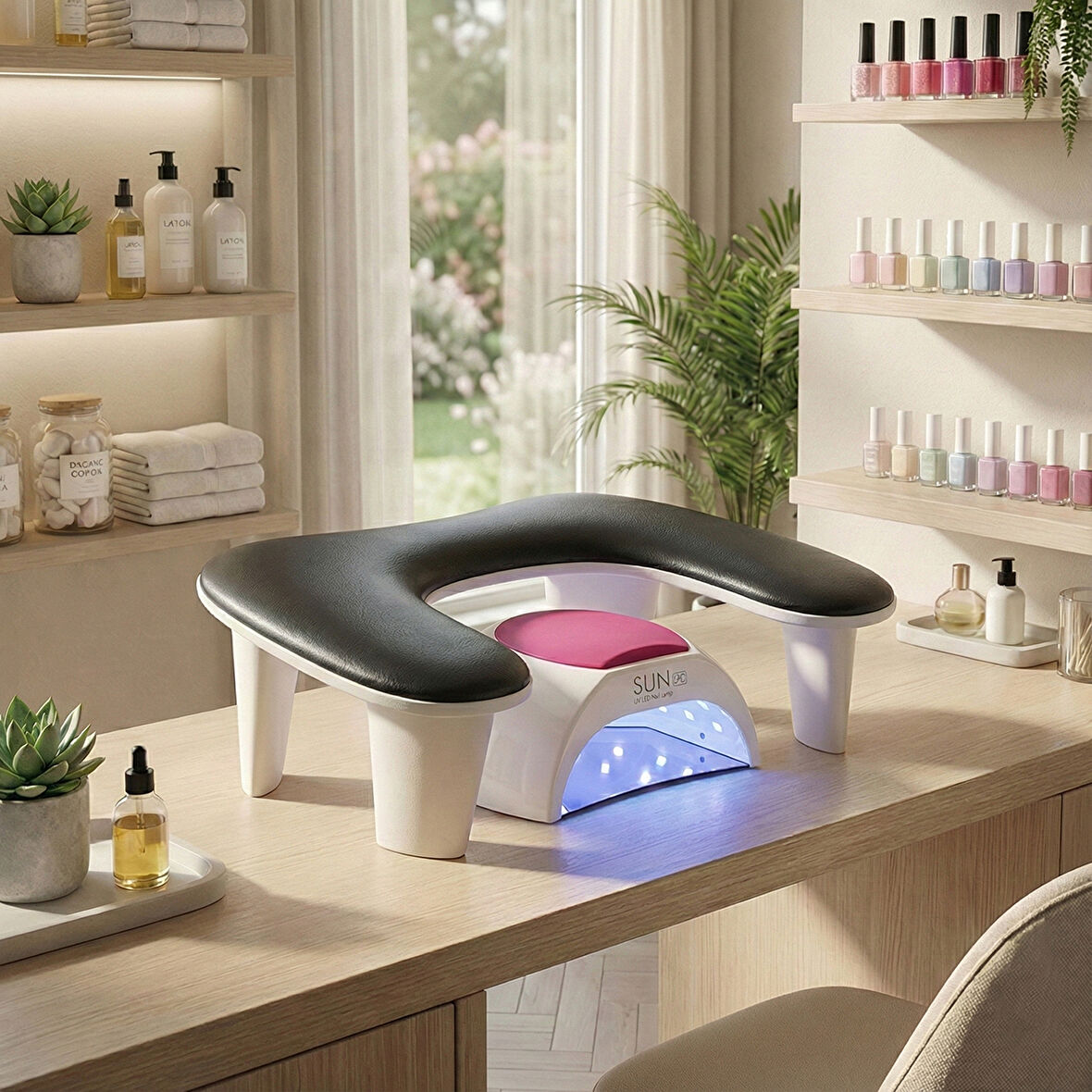 Oval U Tipi Ergonomik Manikür Sehpası Siyah Manikür Kol Desteği U1B