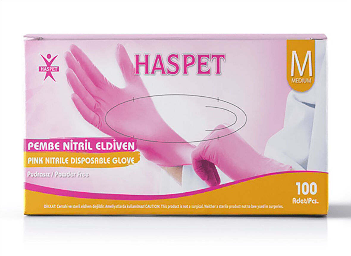 Pudrasız Pembe Nitril Eldiven Medium HasPet 100lü