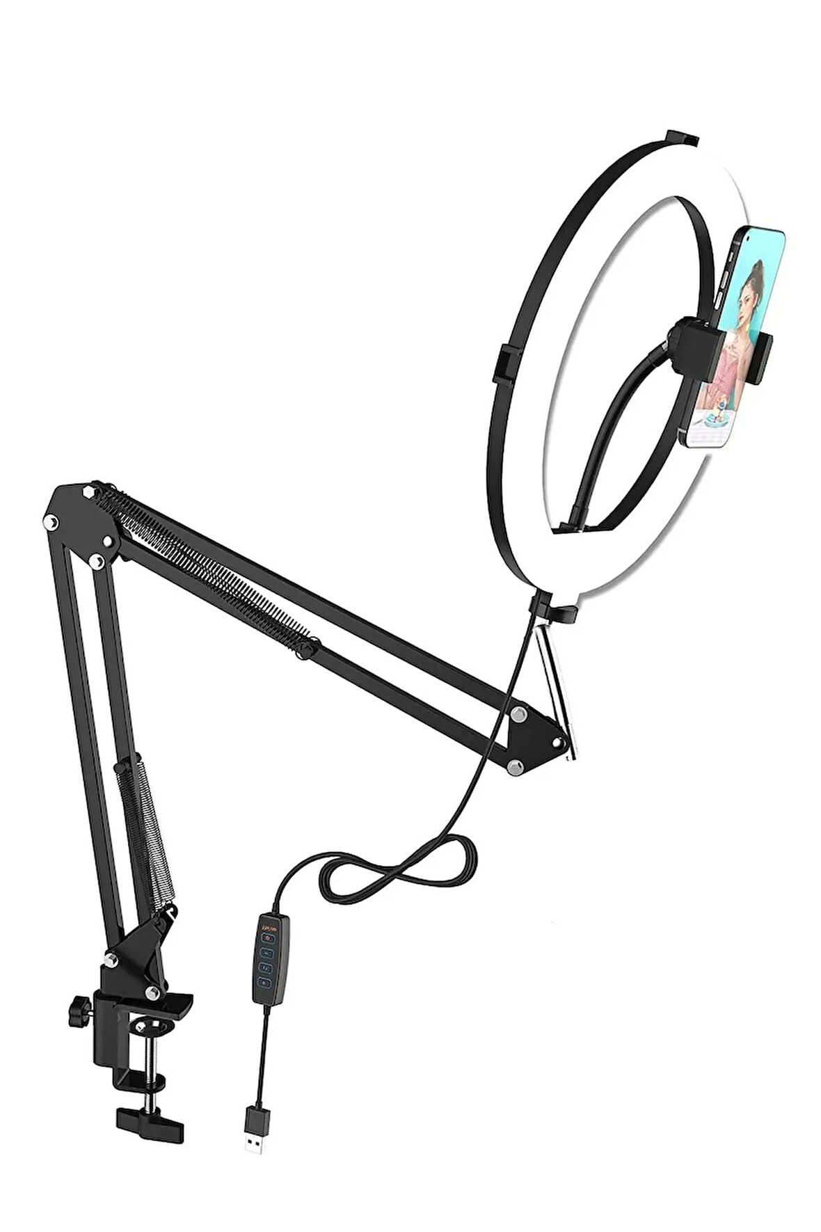 Akrobat Hareketli 3 Renkli Led Halka Selfie Make Up Eğitim Çekim Lambası Telefon Tutuculu Led Halka Masa Lambası Mengeneli