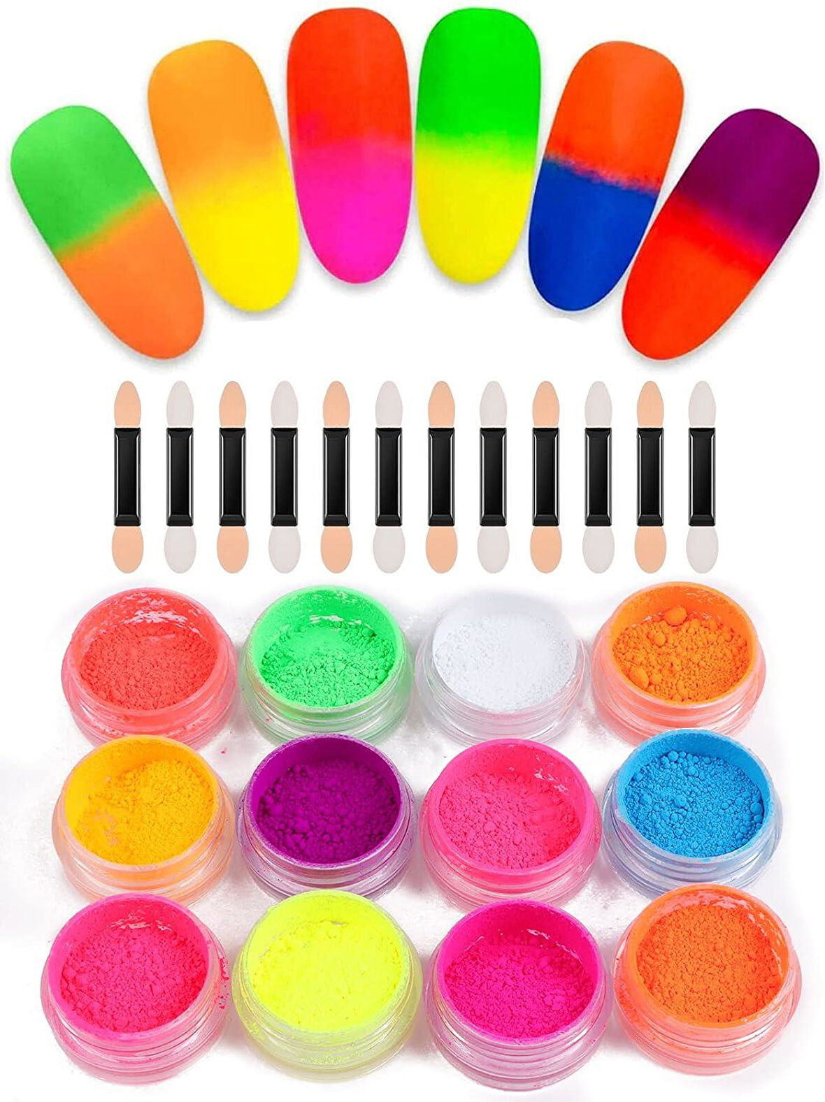 Nail Art Floresan Tırnak Toz Pigment 12li Set Neon Aplikatörlü