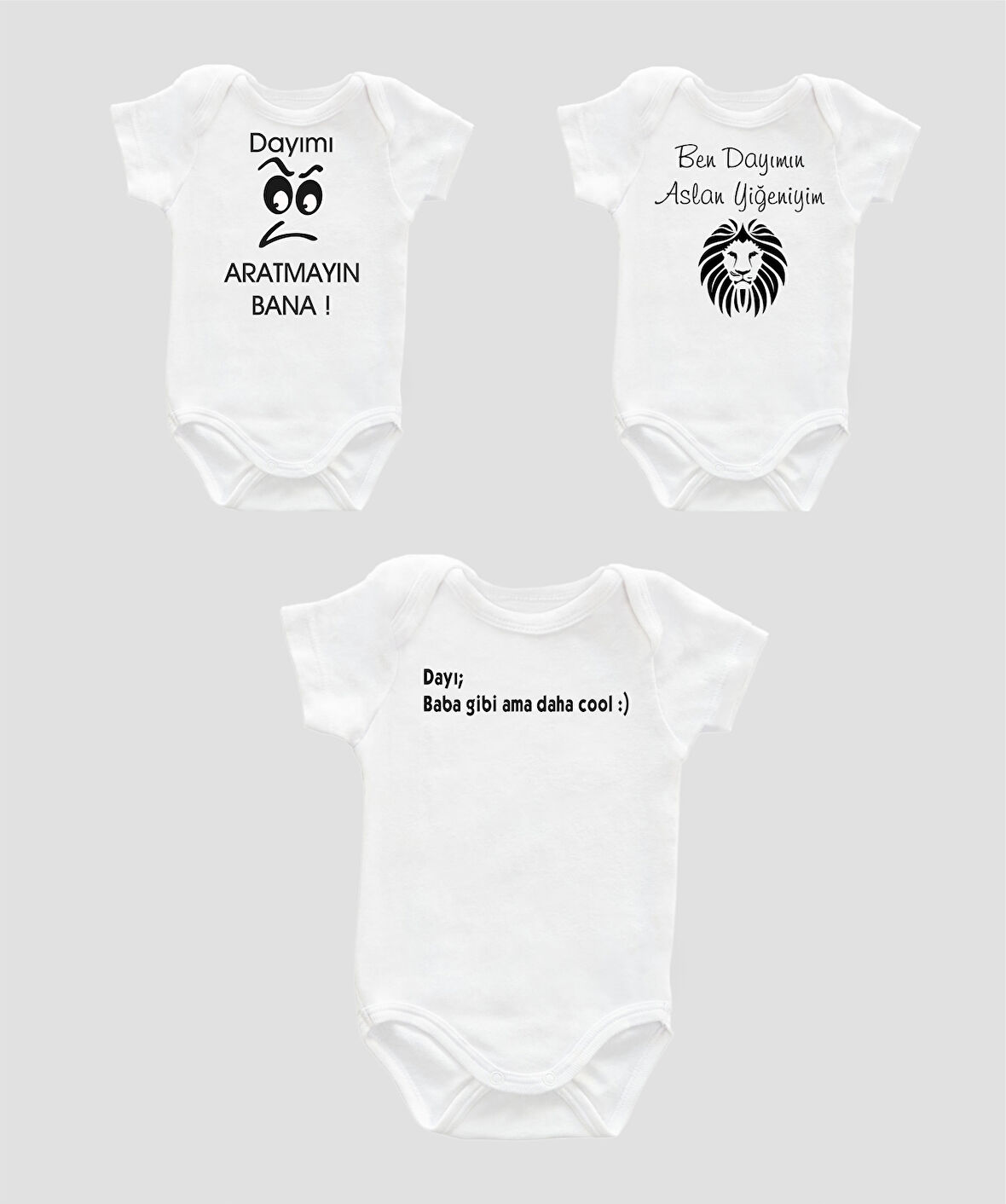 Organik %100 Pamuk Dayı 3'lü Bebek Body Set Beyaz Bebek Badi Zıbın Üçlü ZBN056