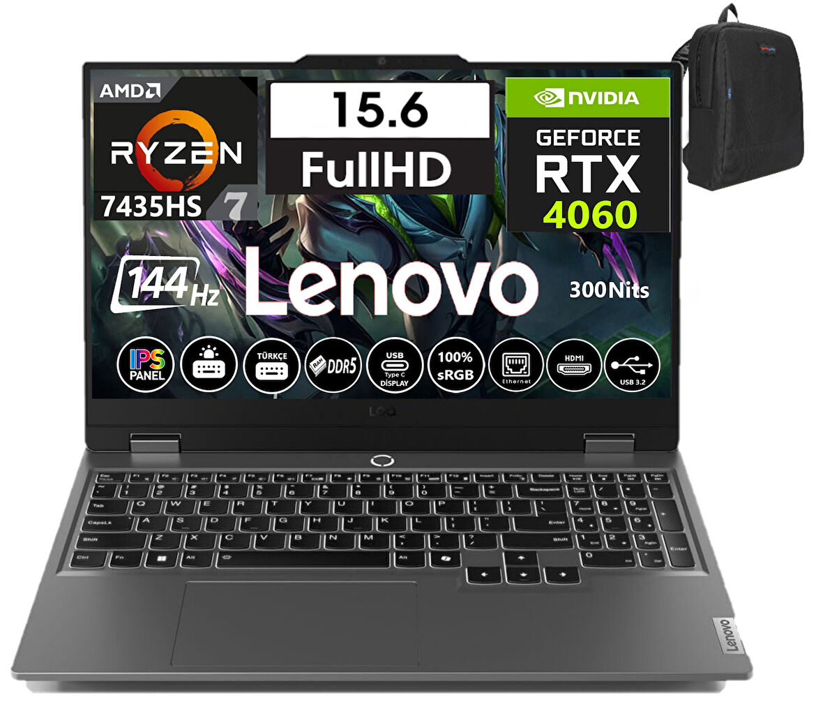 Lenovo Loq 15ARP9 Amd Ryzen 7-7435HS 24GB Ddr5 512GB SSD 8GB/RTX4060 Freedos 15.6" 144Hz Fhd IPS Taşınabilir Bilgisayar W83JC000UTR01+WEBLEGELSINÇANTA