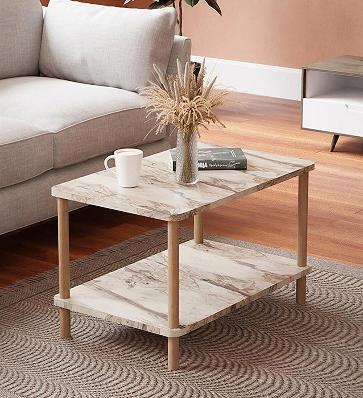 Reyo Orta Sehpa Dikdörtgen Ahşap Ayaklı Iki Katlı Gazetelikli Krem Mermer Desenli Krem