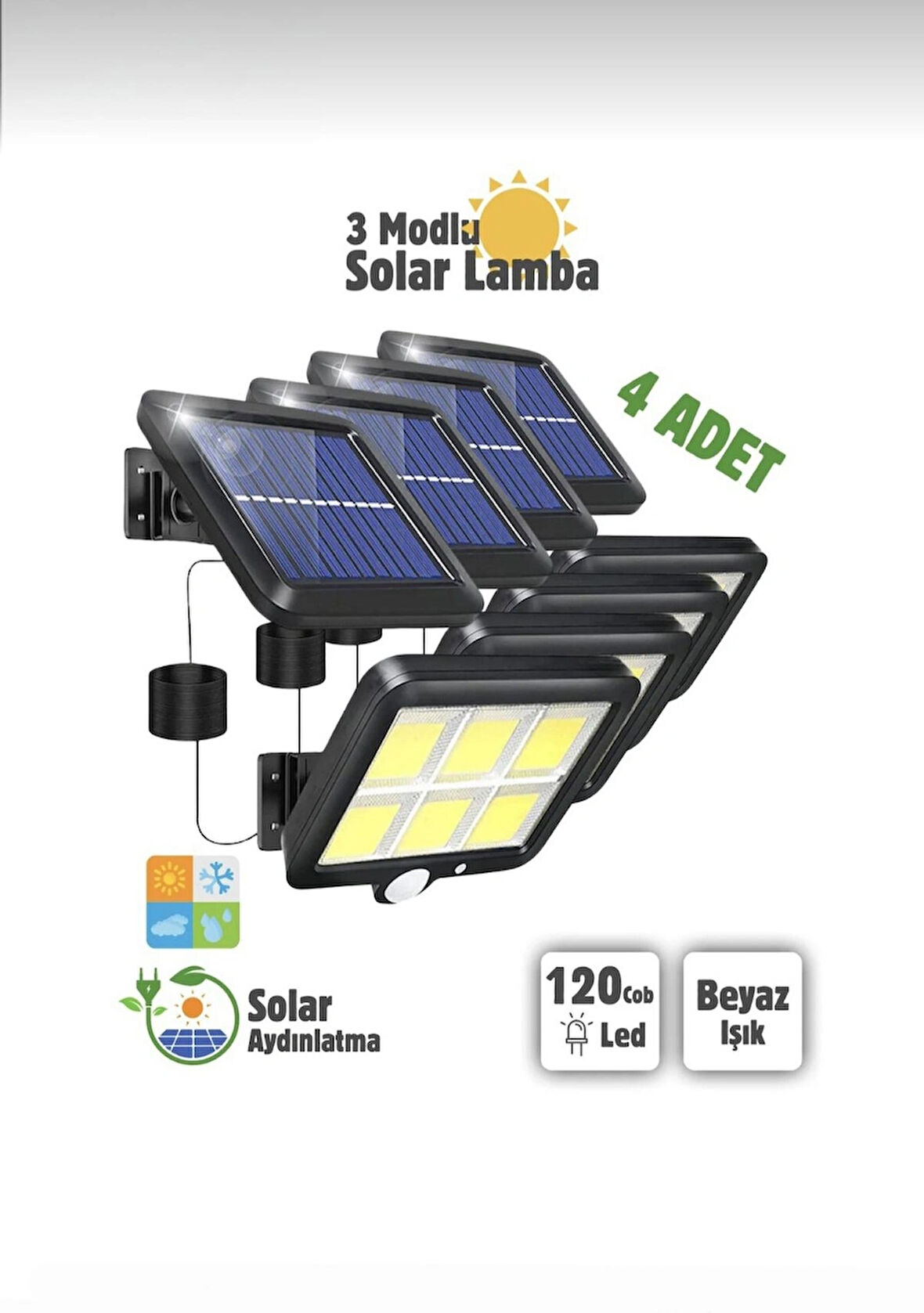 4 Adet 3 Modlu 120 Led Solar Panel Güneş Enerjili Duvar Lambası Bahçe Lambası