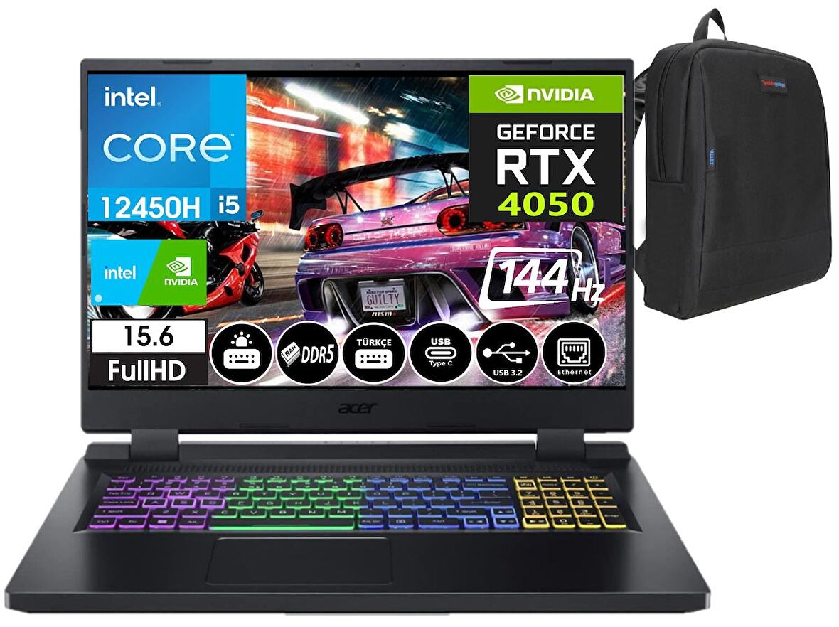 Acer Nitro 5 AN515-58 Intel Core I5 12450H 32gb DDR5 Ram 512GB SSD 6GB RTX4050 15,6 İnç 144Hz IPS FHD Windows11Home Taşınabilir Bilgisayar NHQLZEY00713+WeblegelsinÇanta