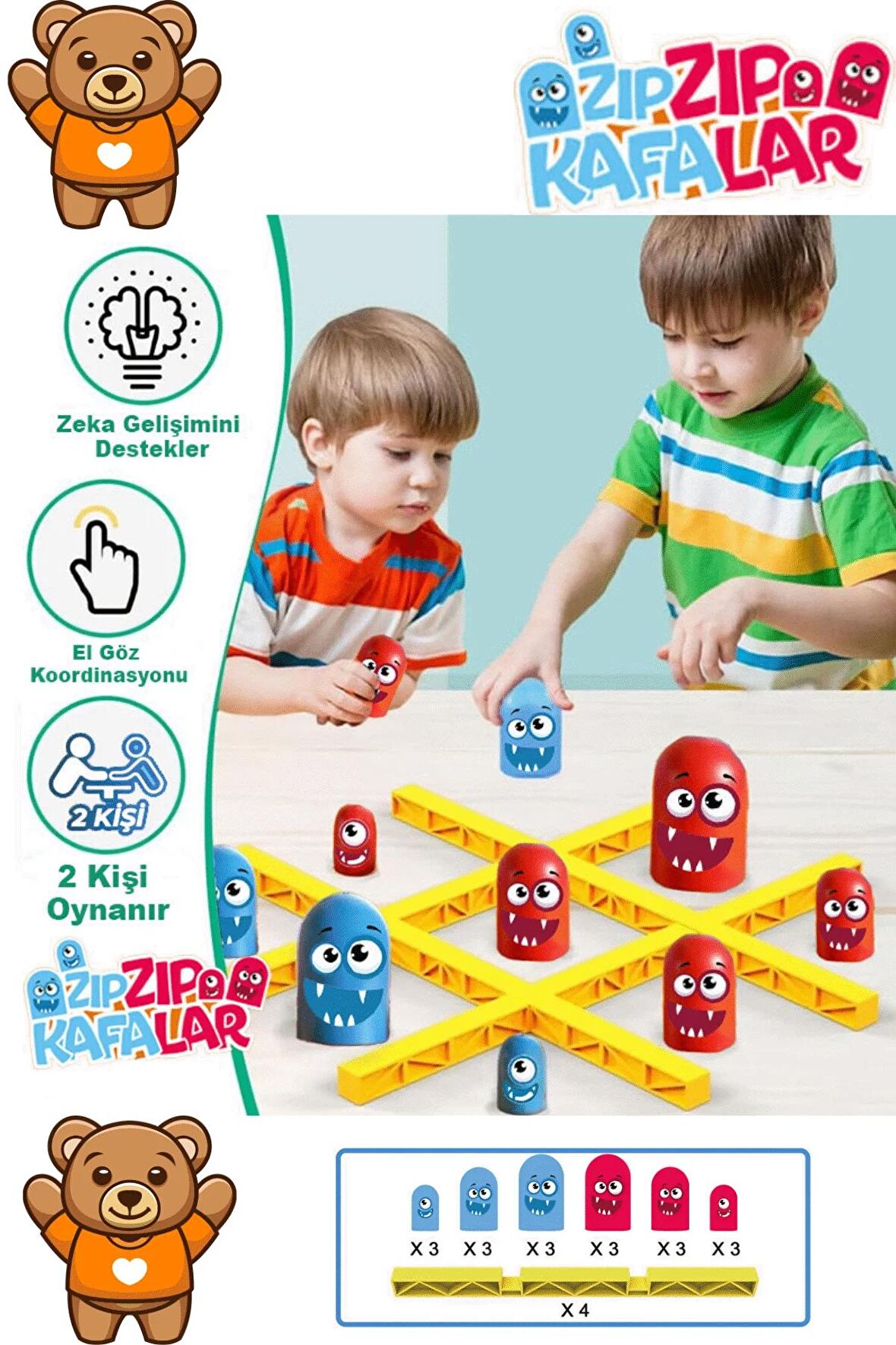 EDOY Montessori Eğitici Oyuncaklar Zıp Zıp Kafalar Strateji Zeka Oyunu XoX Tic Tac Toe