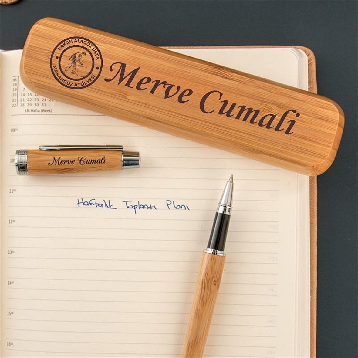 Kurumsal Firmalara Özel Logo İsim Yazılı Bambu Kutulu Kalem Seti