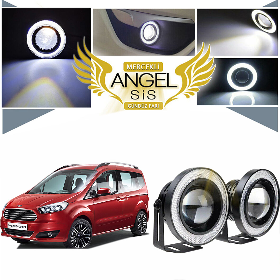 Ford Tourneo Courier Uyumlu, Universal Mercekli Led Angel Sis Farı, 76mm Beyaz Renk