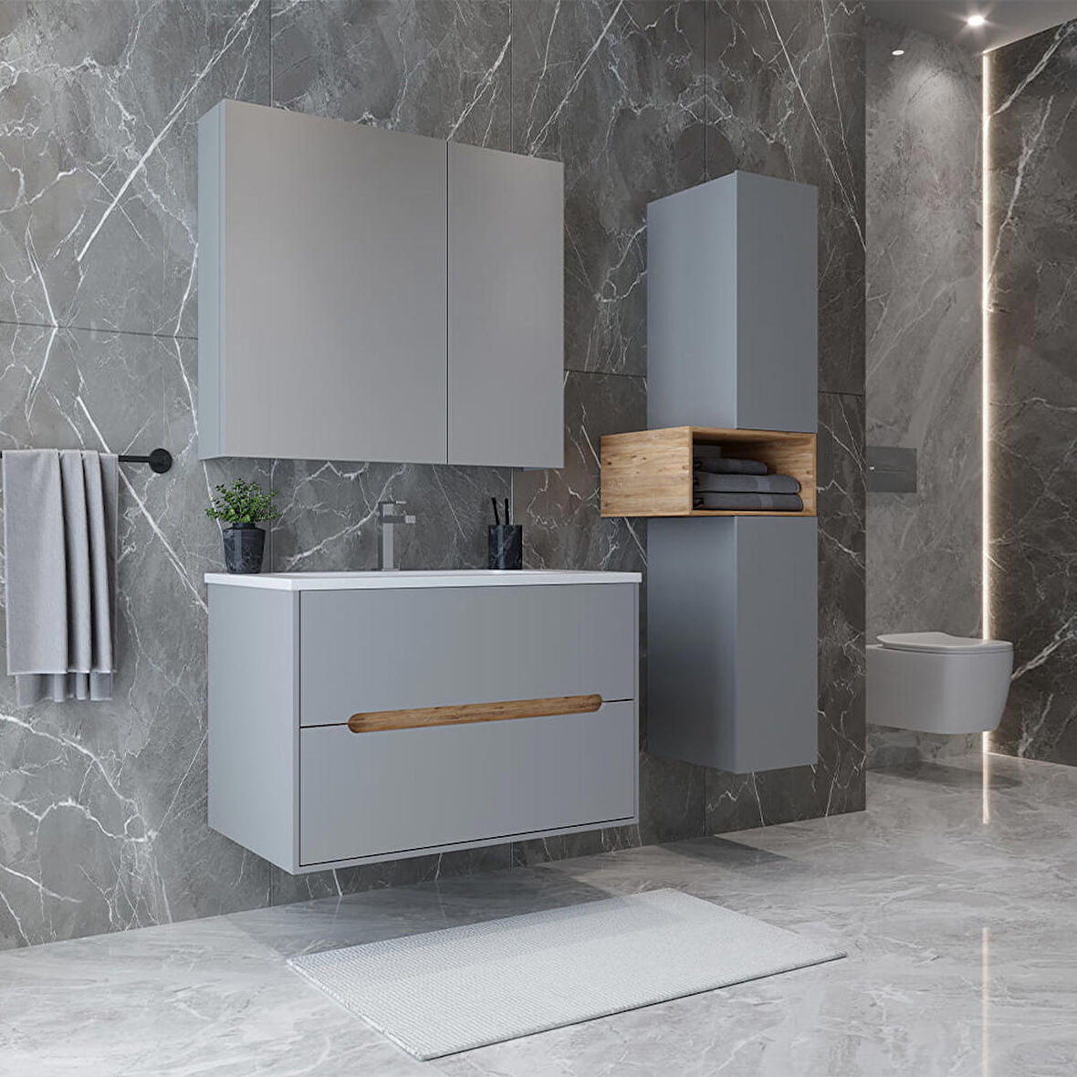 Teta Home Madrid 80 cm MDF Banyo Dolabı Seti ve Boy Dolabı