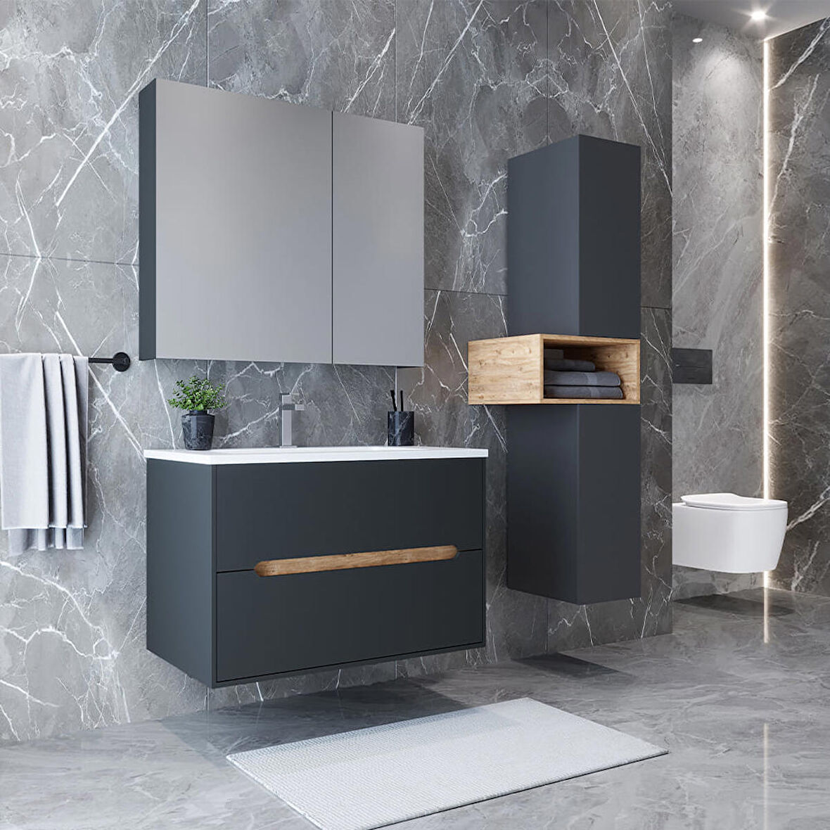 Teta Home Madrid 80 cm MDF Banyo Dolabı Seti ve Boy Dolabı