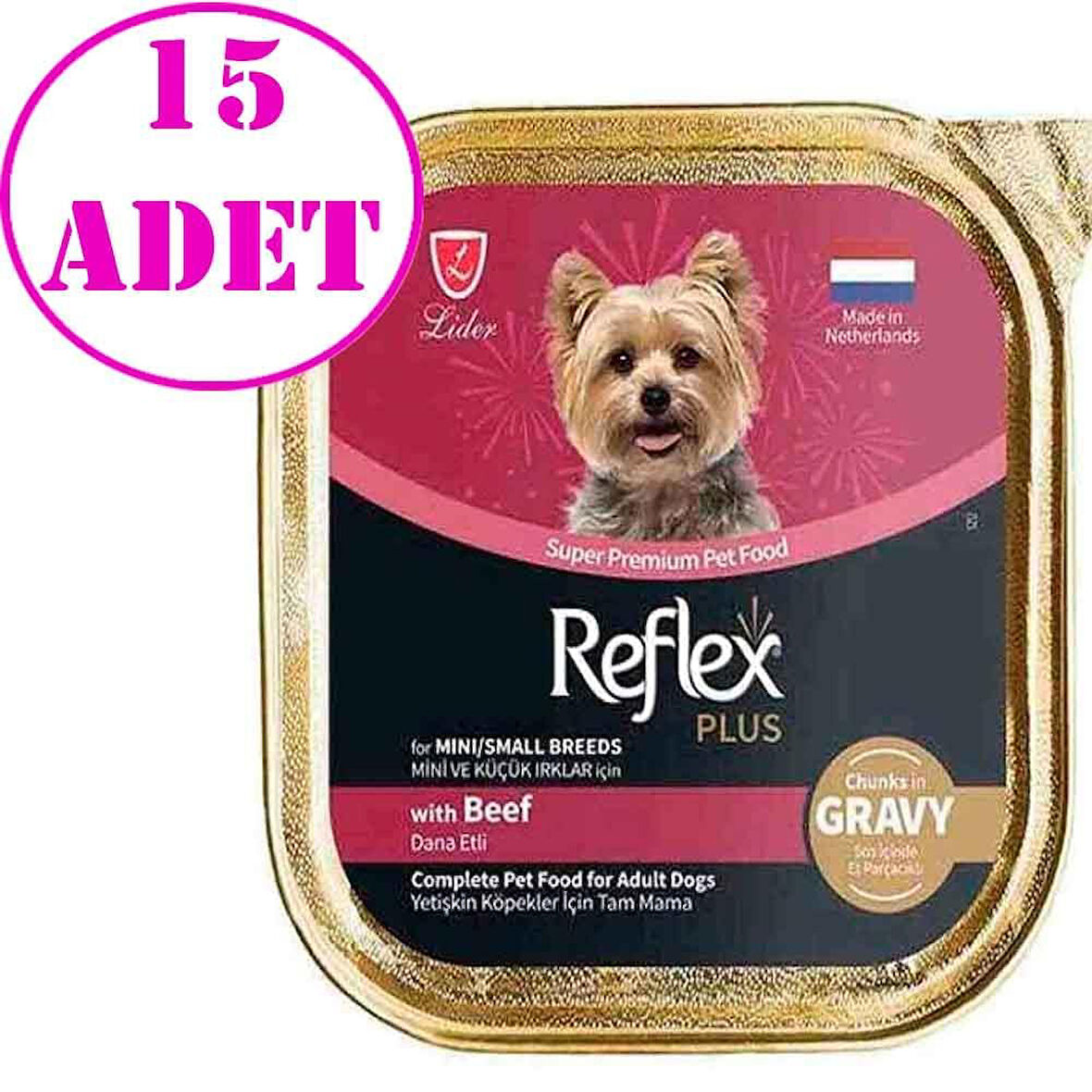Reflex Plus Sos İçinde Et Parçacıklı Dana Etli Mini ve Küçük Irk Yetişkin Köpek Konservesi 85 Gr 15 AD