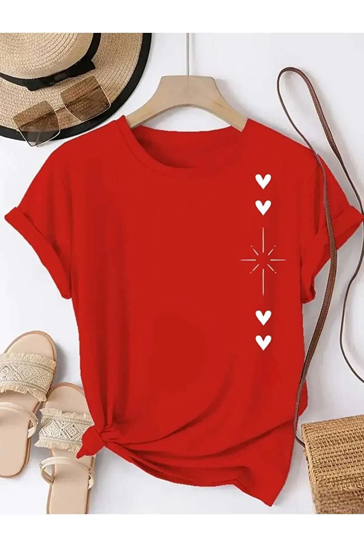 Unisex Kalp Işıltısı Özel Tasarım Ön Baskılı Tasarım Tshirt