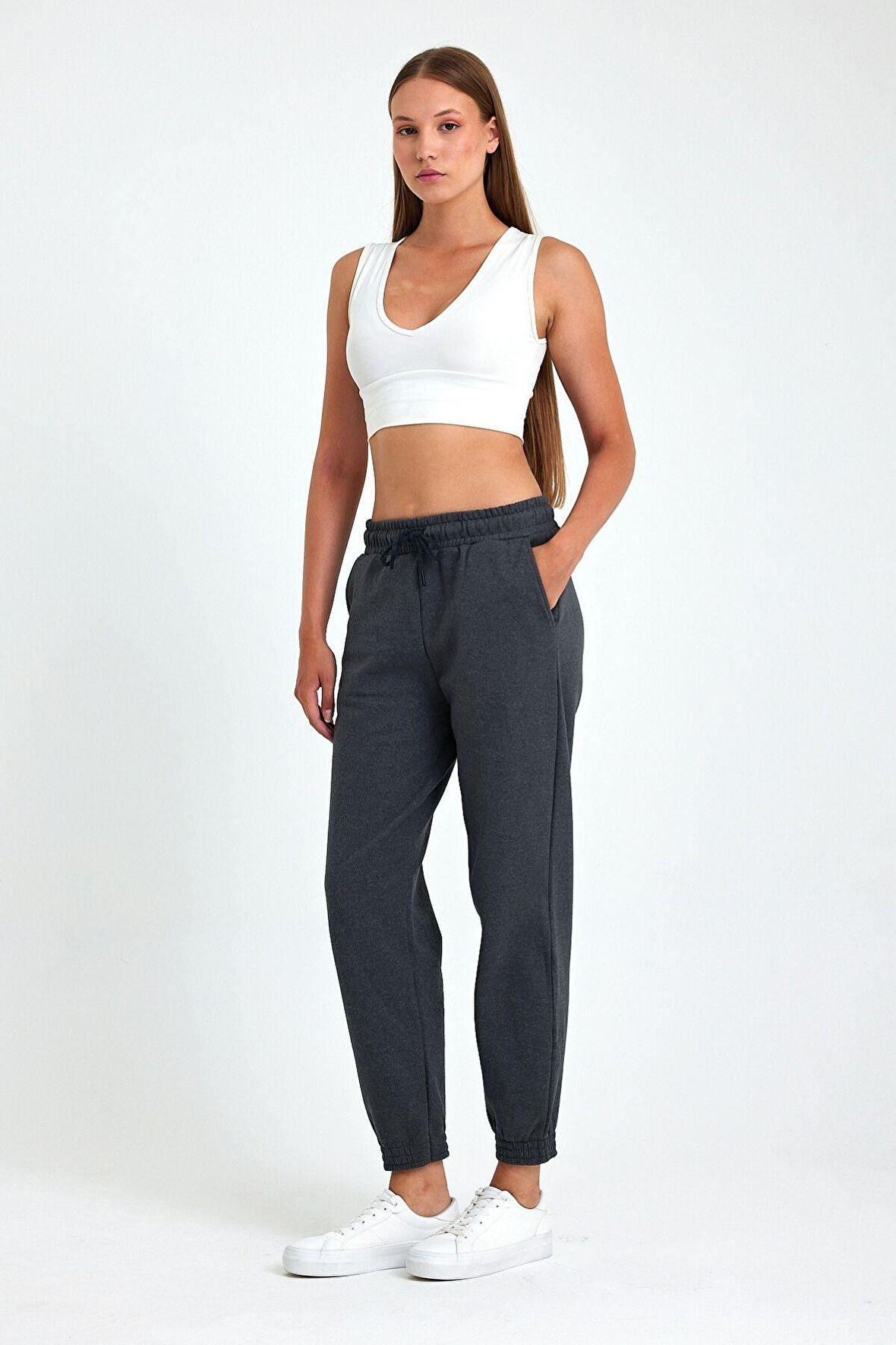 Kadın Antrasit Pamuklu Kalın Paçası Lastikli Yüksek Bel Rahat Jogger Eşofman Altı