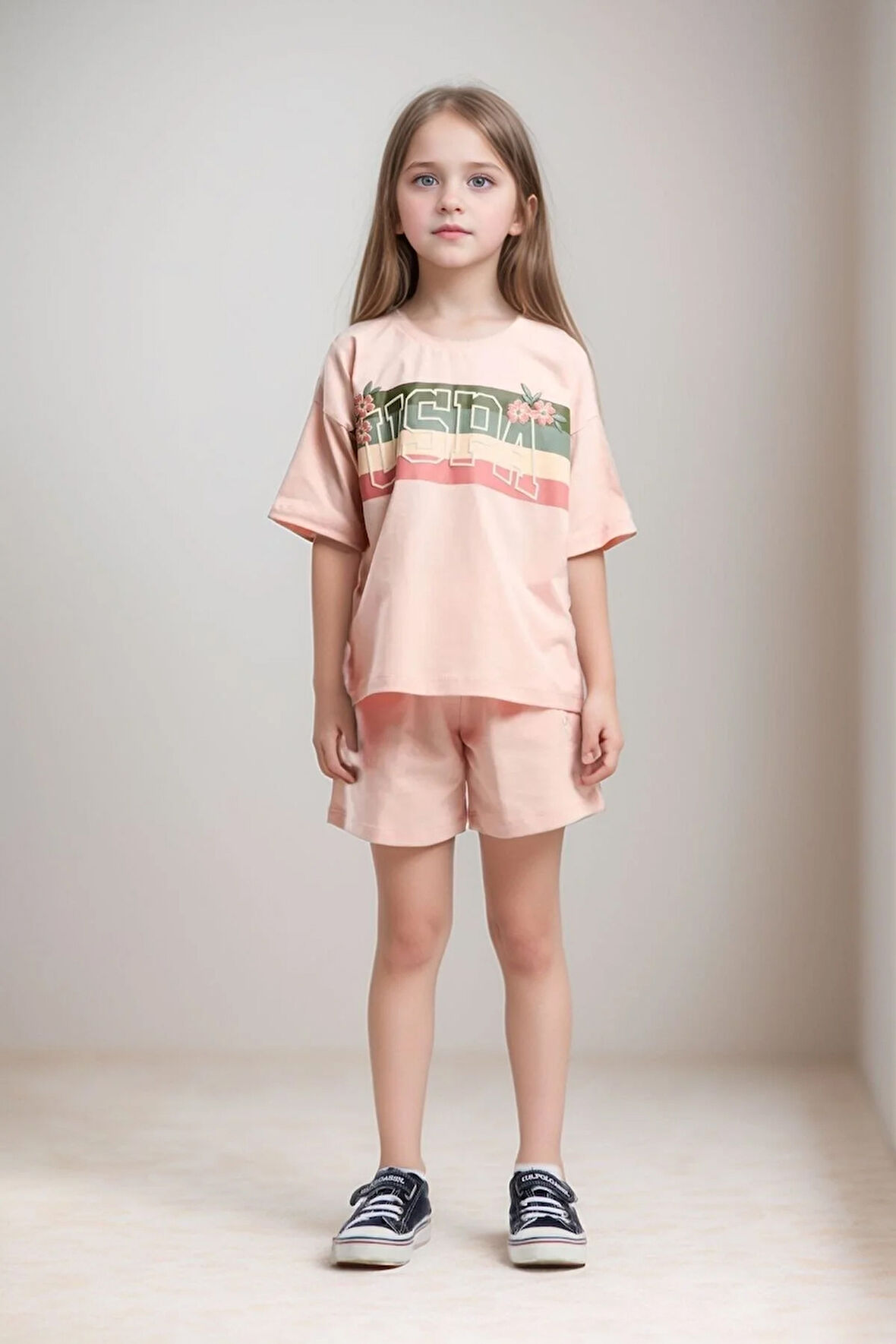 Kız Çocuk %100 Pamuklu Günlük T-Shirt & Şort İkili Takım US01.LL.01.P4.O021