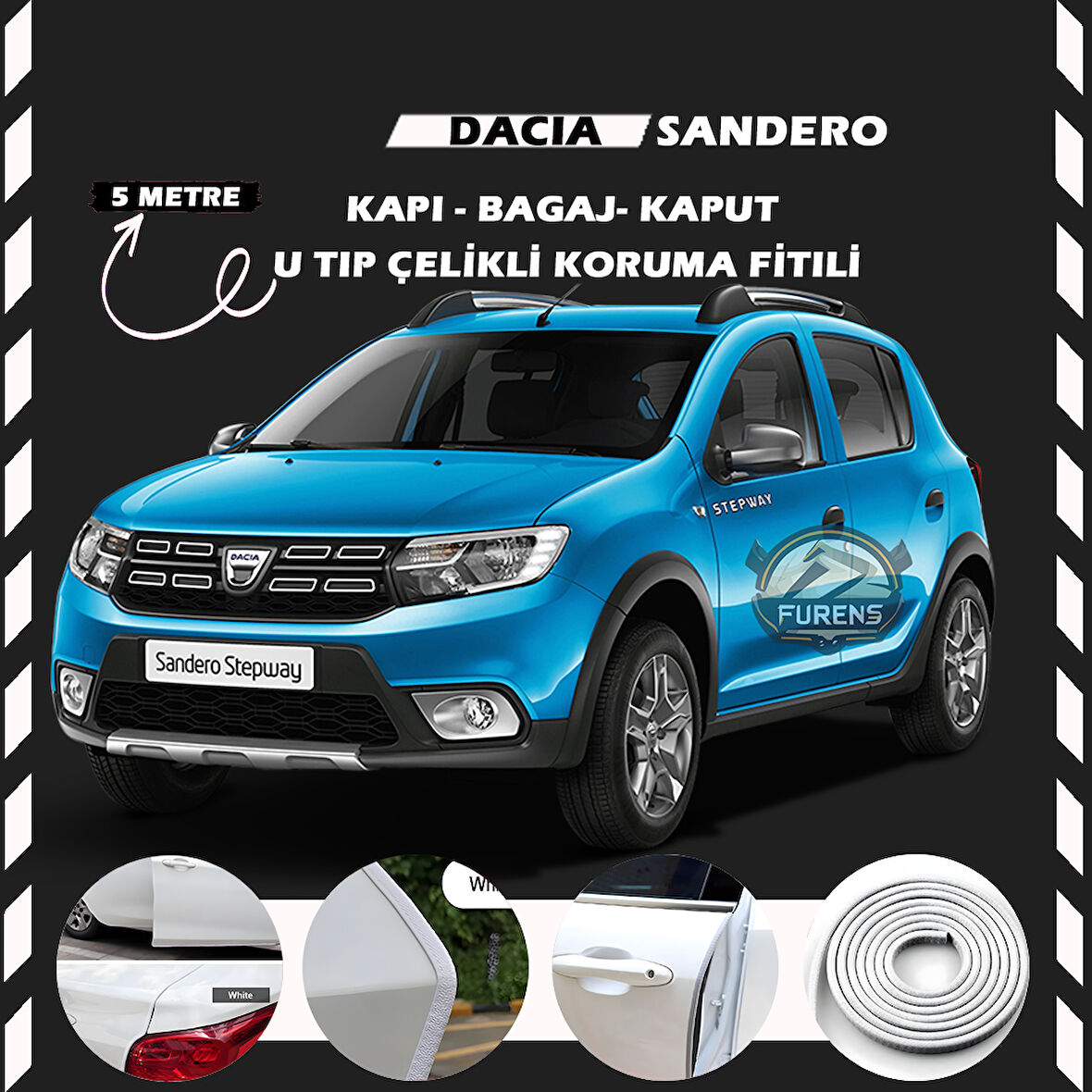 Dacia Sandero Oto Araç Kapı Koruma Fitili 5metre Parlak Beyaz Renk