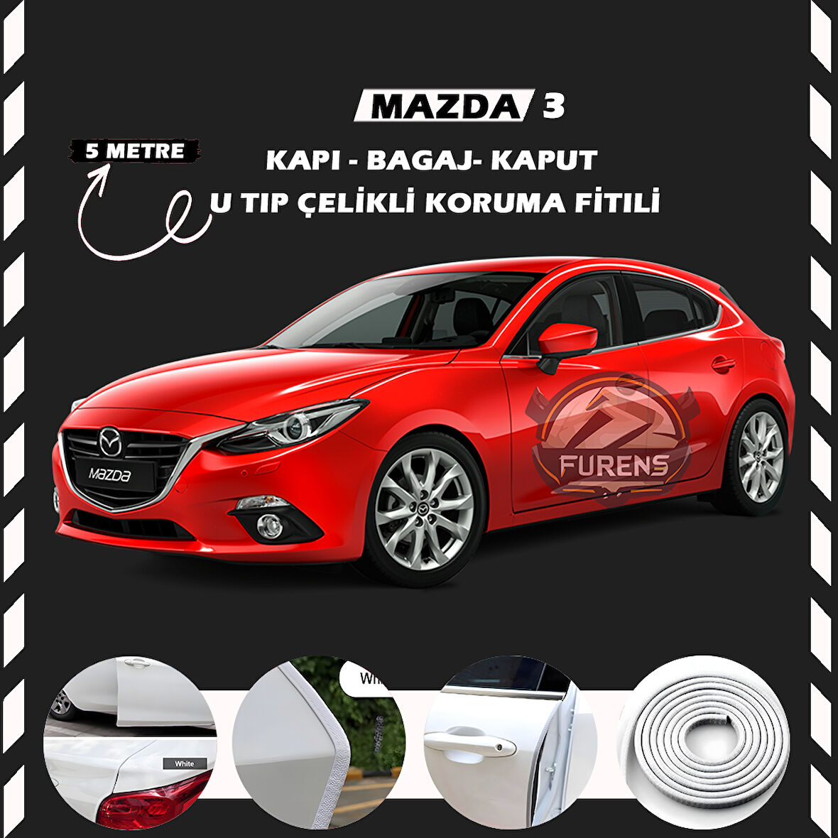 Mazda 3 Oto Araç Kapı Koruma Fitili 5metre Parlak Beyaz Renk