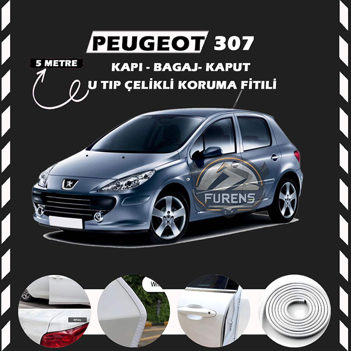 Peugeot 307 Oto Araç Kapı Koruma Fitili 5metre Parlak Beyaz Renk
