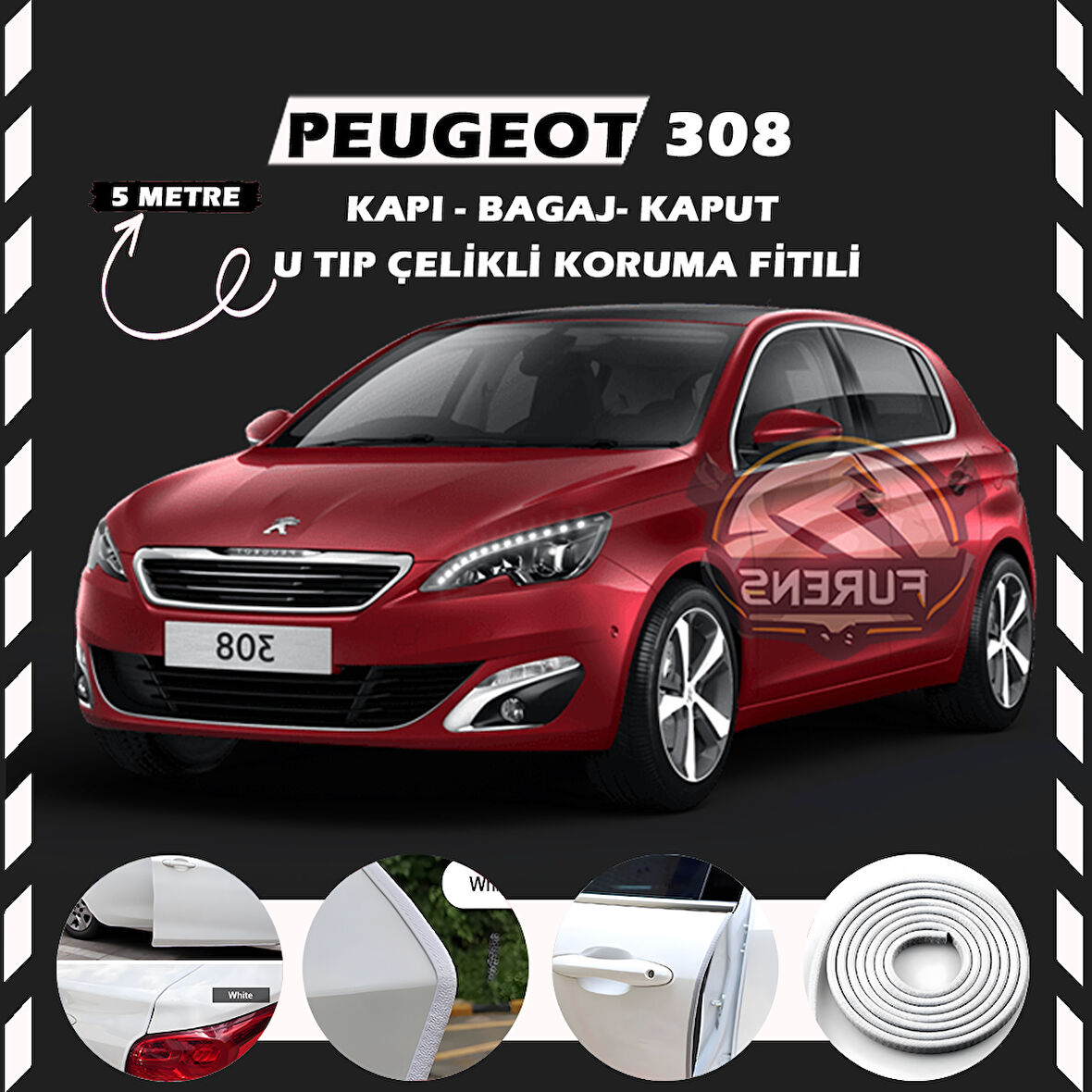 Peugeot 308 Oto Araç Kapı Koruma Fitili 5metre Parlak Beyaz Renk