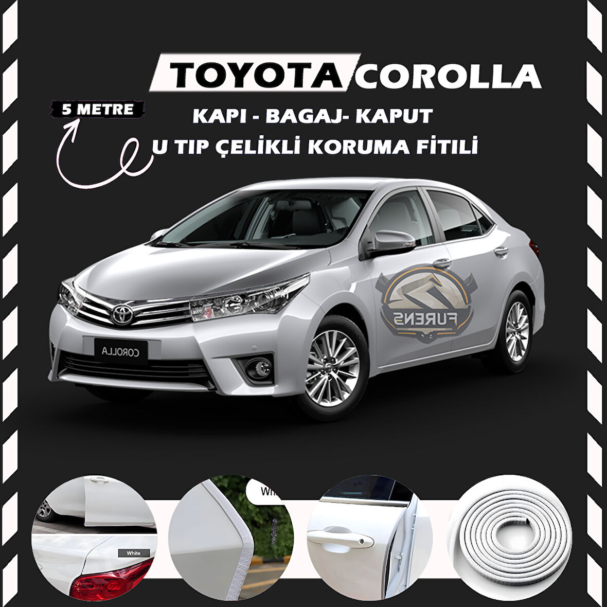 Toyota Corolla Oto Araç Kapı Koruma Fitili 5metre Parlak Beyaz Renk