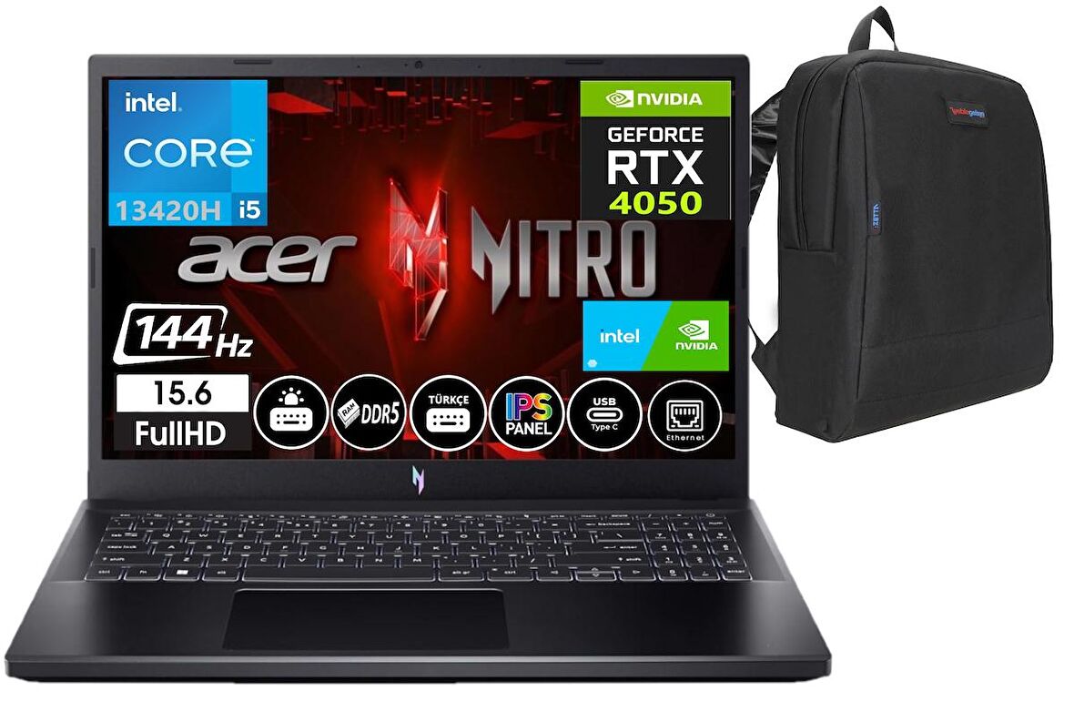 Acer Nitro V 15 Intel Core i5 13420H 32GB DDR5 Ram 2TB SSD 6GB RTX4050 15,6 İnç 144Hz IPS FHD Freedos Taşınabilir Bilgisayar NHQNBEY00106+WeblegelsinÇanta