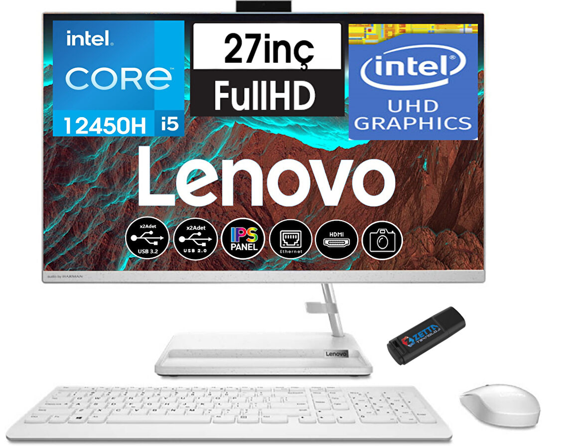 Lenovo Ideacentre 3 Intel Core I5 12450H 16GB 256GB SSD WIN11H 27" IPS All In One Bilgisayar AIOF0GJ00P7TR26+ZETTAUSBBELLEK