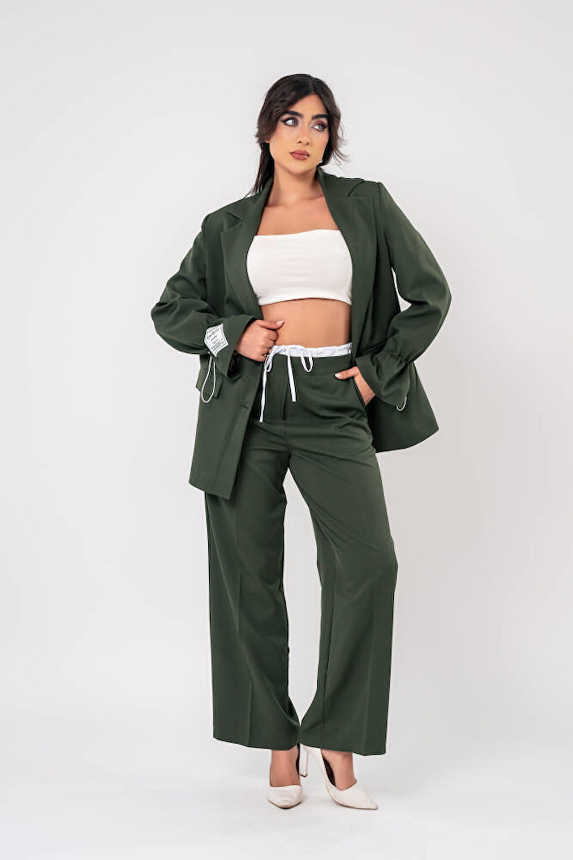 Etiket Baskılı Kol Detaylı Blazer Ceket Palazzo Pantolon Takım TKM16014