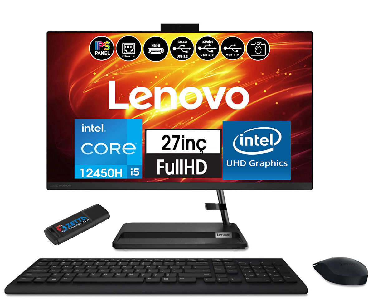 Lenovo Ideacentre 3 Intel Core I5 12450H 64GB 1tb SSD WIN11H 27" IPS All In One Bilgisayar AIOF0GJ011VTR38+ZETTAUSBBELLEK