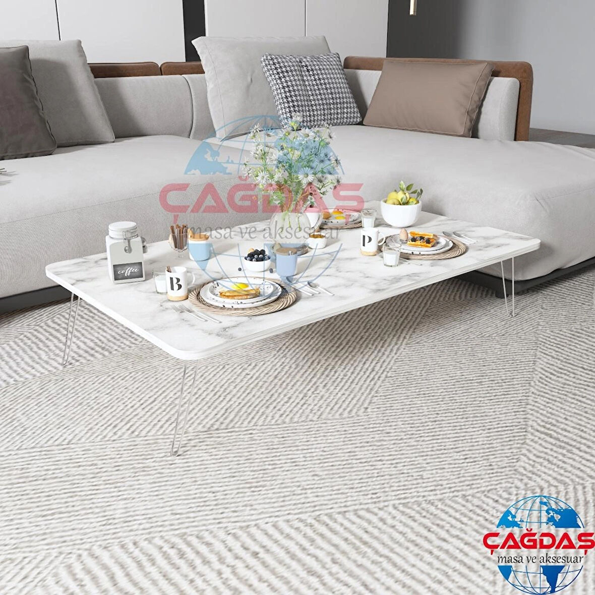 Ahşap Dikdörtgen Yer Sofrası-Hamur Açma Masası Beyaz Mermer 70 x 120 cm