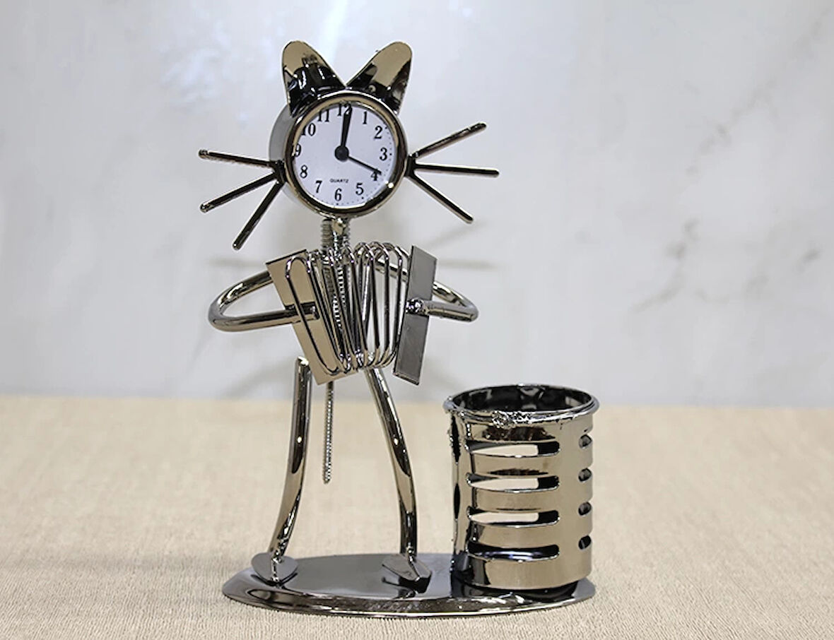 Metal Akordiyon Çalan Müzisyen Kedi Müzisyen Saat Ve Kalemlik