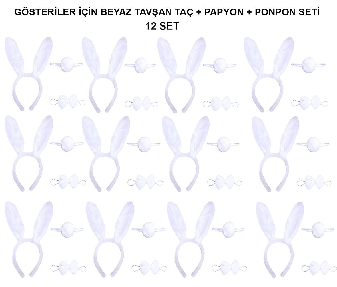 Beyaz Tavşan Kostüm Seti – Taç, Papyon, Kuyruk (12’li Paket)