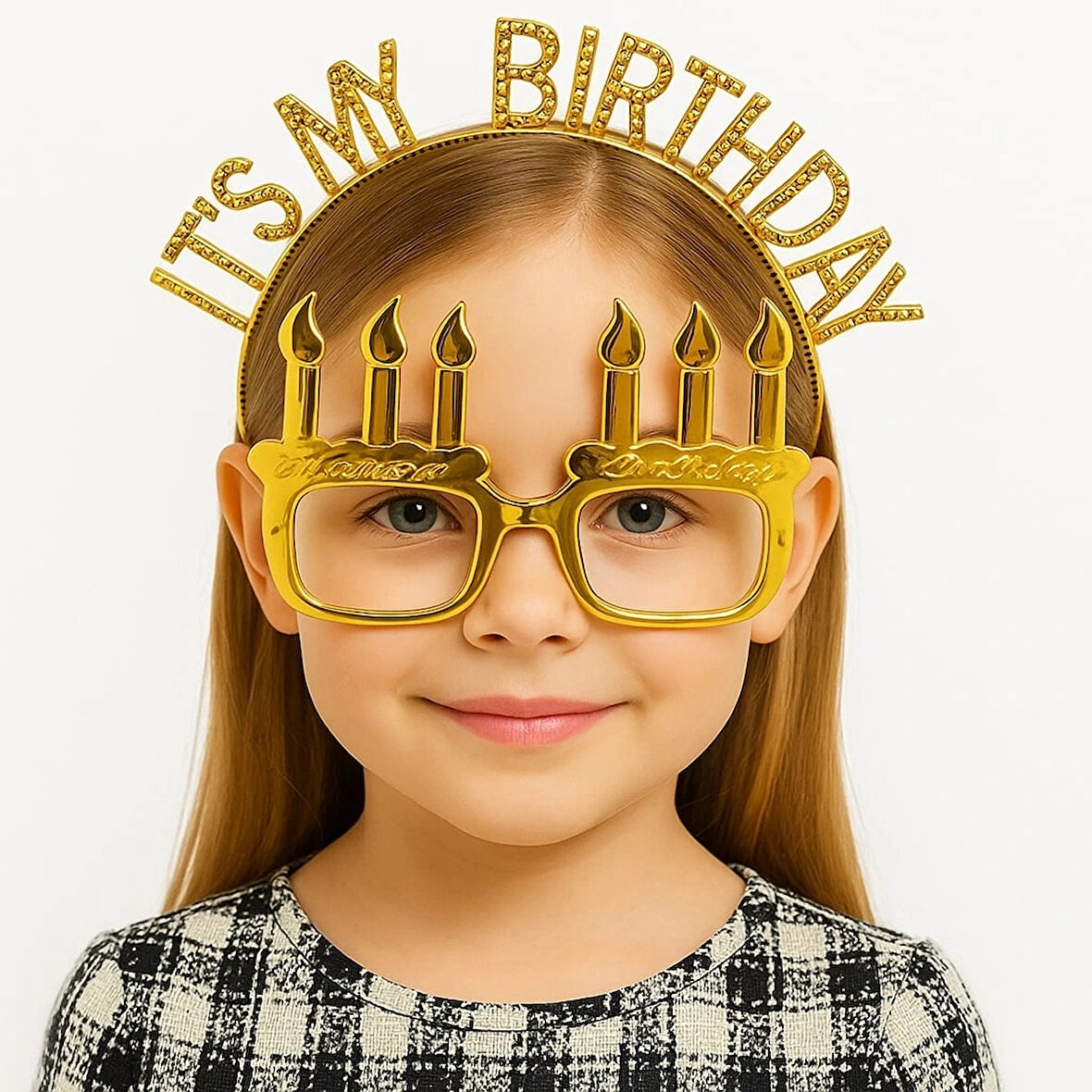 İt&amp;#39;s My Birthday Yazılı Taç Ve Mum Şekilli Gözlük Seti Altın Renk