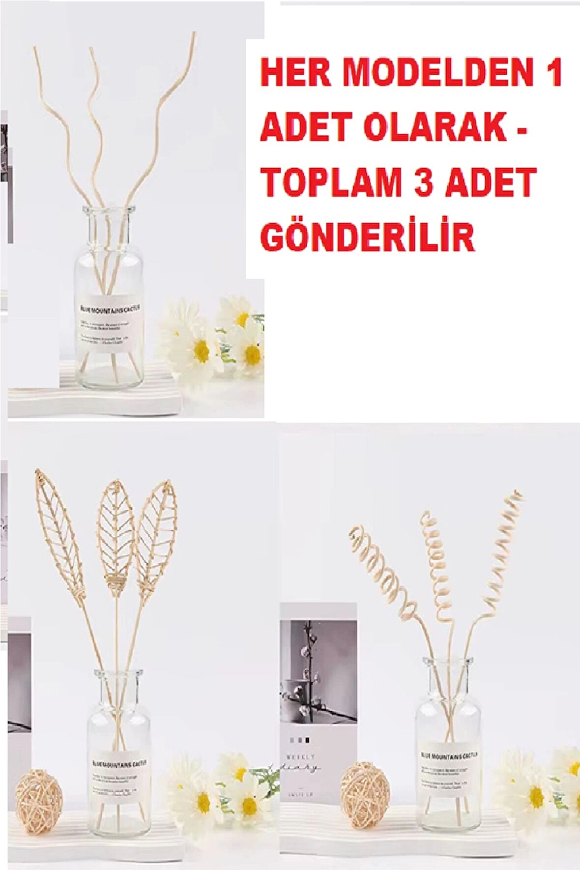 3 Tek Adet 3 Model Aromaterapi Koku Dağıtıcı Rattan Şişe Ahşap Difüzör Çubuk (spiral-yaprak-dalgalı)