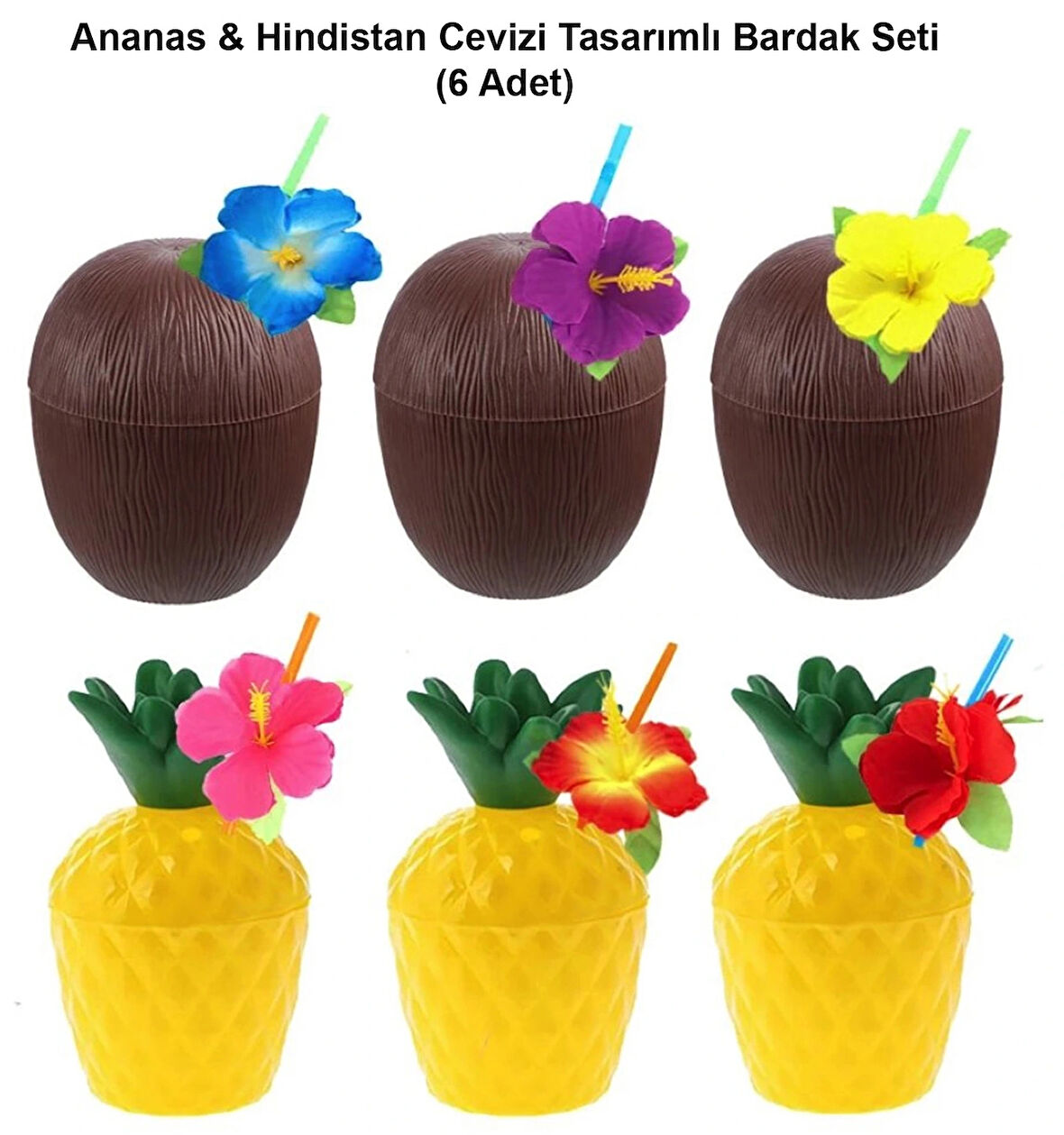 Ananas &amp; Hindistan Cevizi Tasarımlı Pipetli Bardak Seti (6 Adet)
