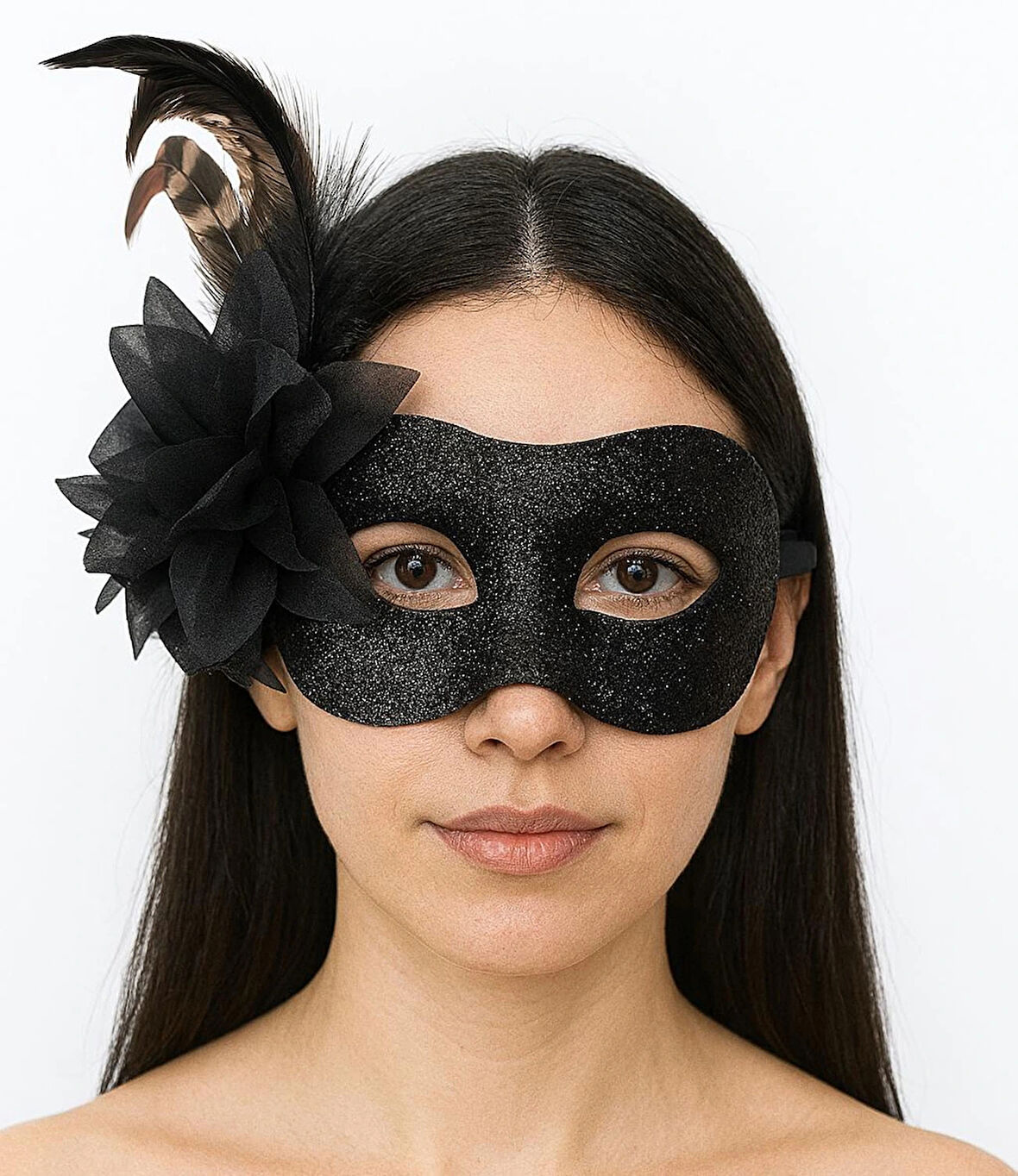 Siyah Renk Metalize Sim Görünümlü Parlak Tüylü Parti Maskesi 22x19 Cm