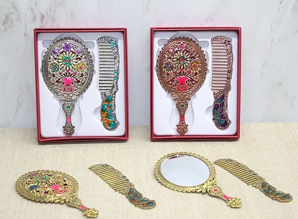 Çiçekli Ayna Ve Tarak Seti Küçük Boy Alk4991