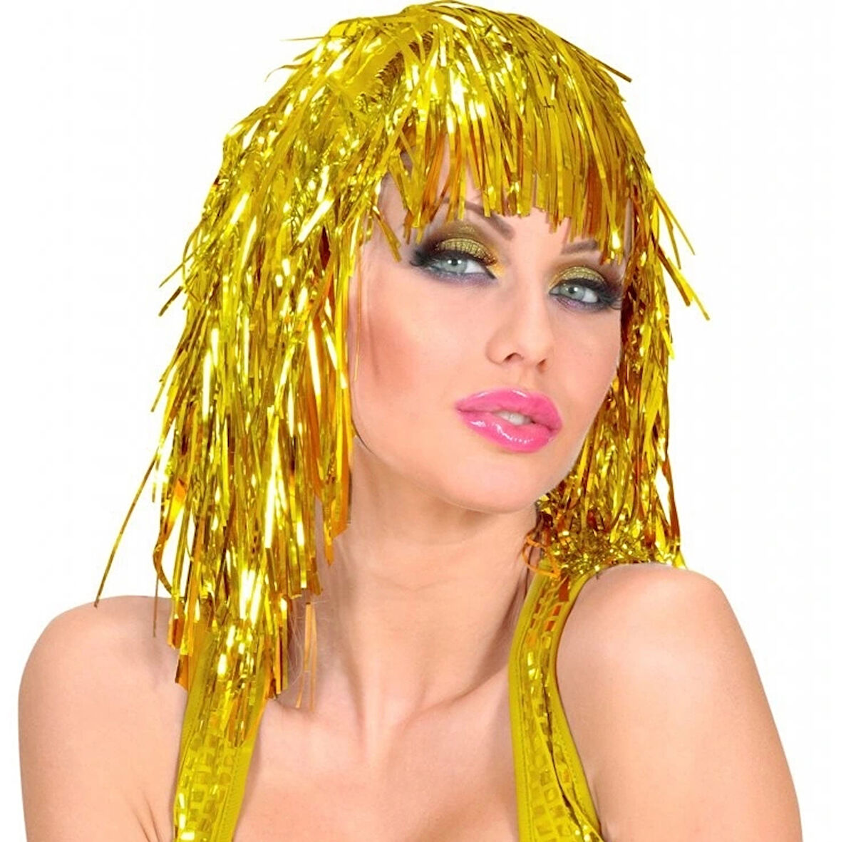 Altın Sarısı Işıltılı Metalize Parti Peruğu