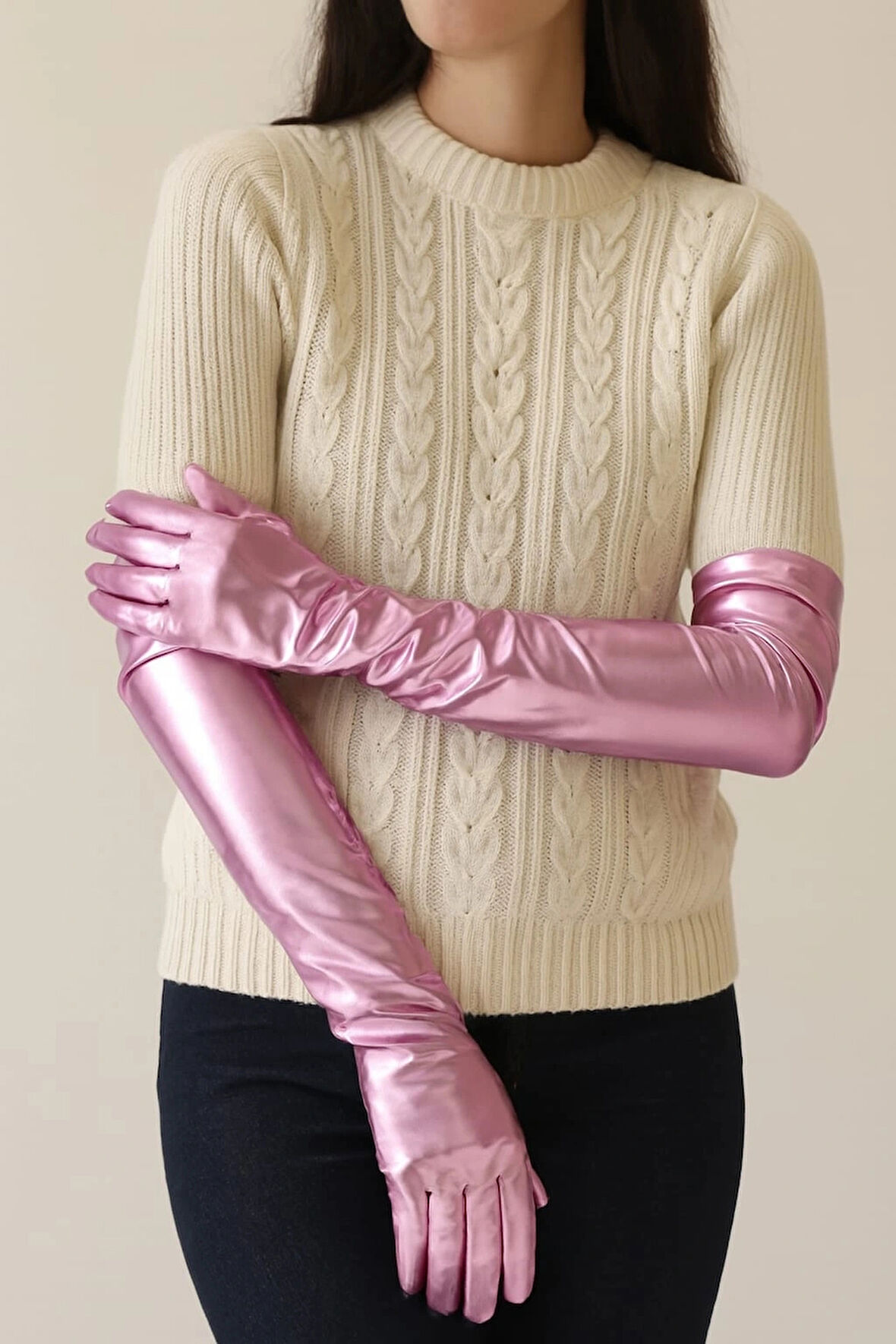 Uzun Boy Ekstra Parlak Saten Eldiven Pembe Renk