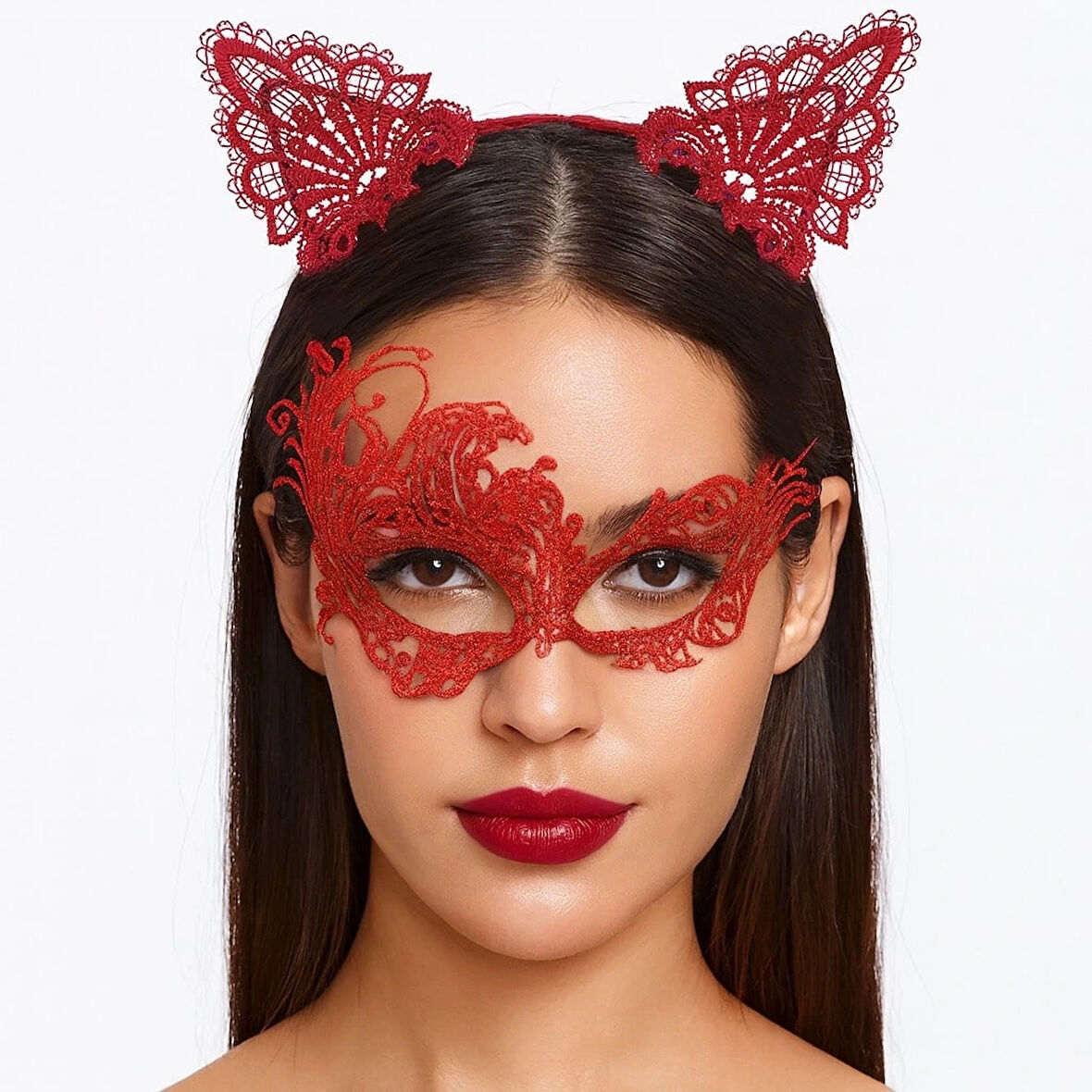 Gizemli Kırmızı Dantel Maske Ve Taç Seti 1 No - Kostüm Seti