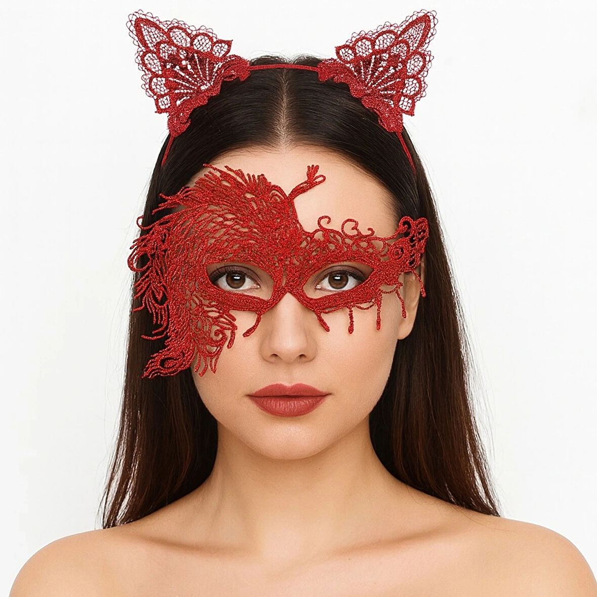 Alevin Zarafeti Kırmızı Dantel Maske Ve Taç Seti 4 No – Kadın Kostüm Tamamlayıcı