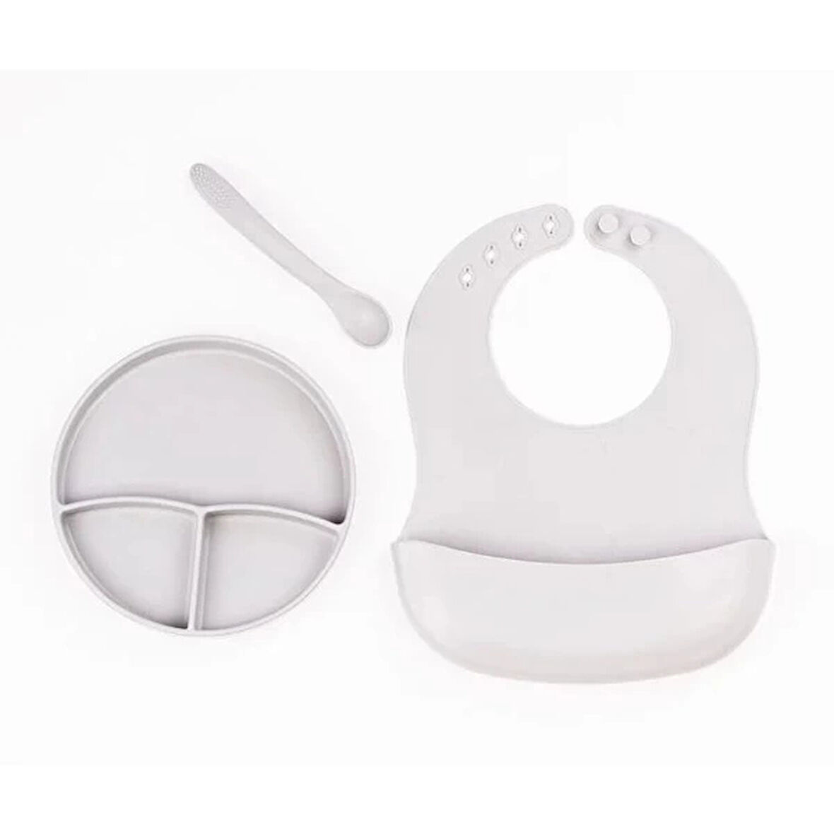 Gri 3’lü Silikon Yemek Seti – Önlük + Diş Kaşıyıcılı Kaşık + Vakumlu Tabak